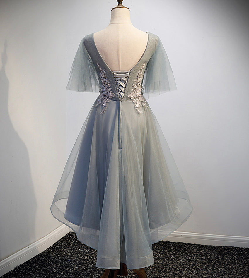 Gray tulle lace short prom dress high low evening dress 8555