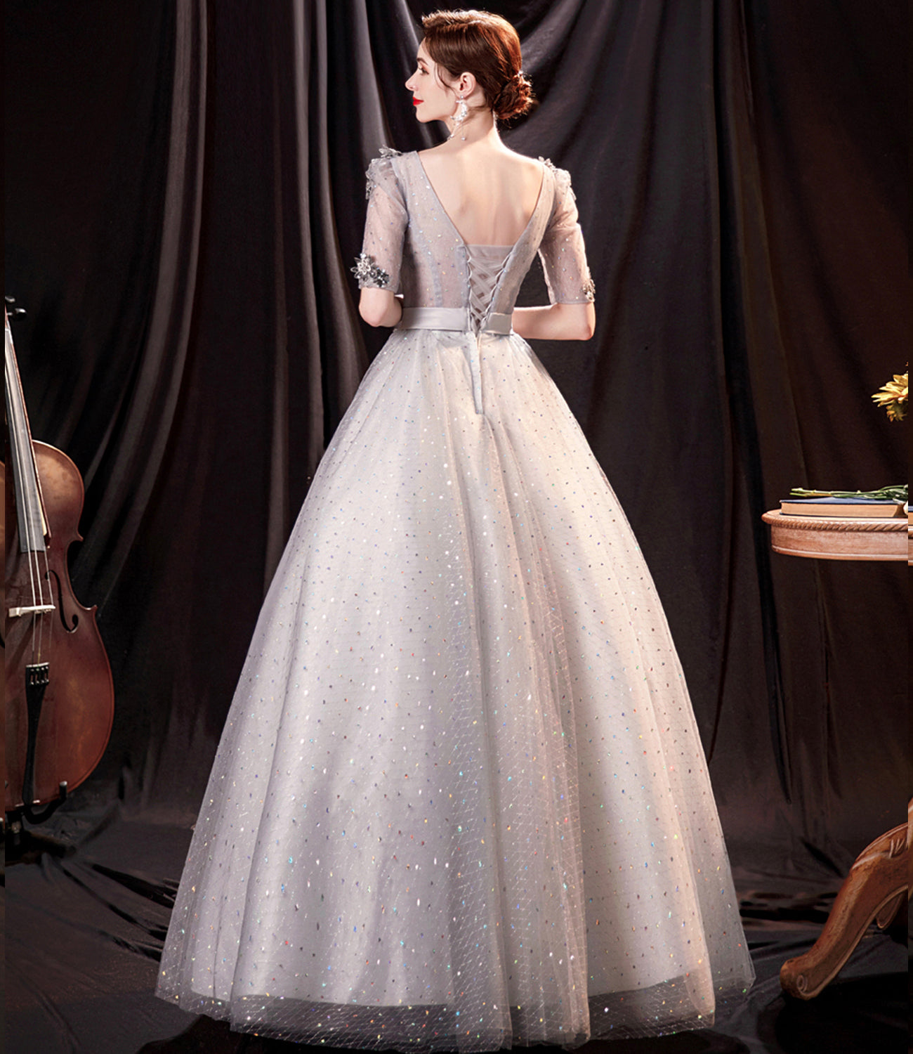 Gray tulle sequins long prom dress A line evening dress 8996