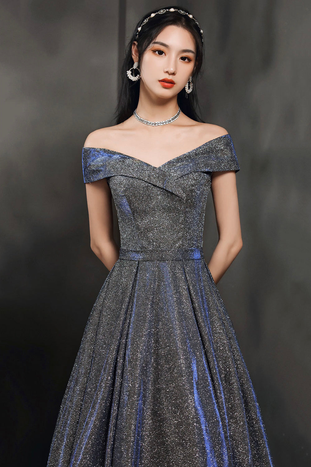 Simple A line v neck long prom dress off shoulder evening dress 8503