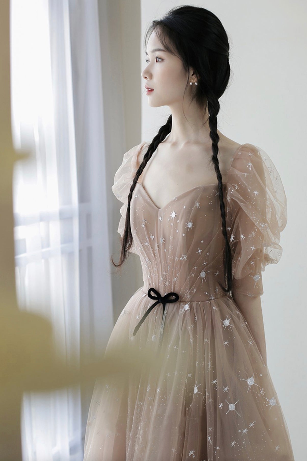 Cute tulle long A line prom dress evening dress 8787