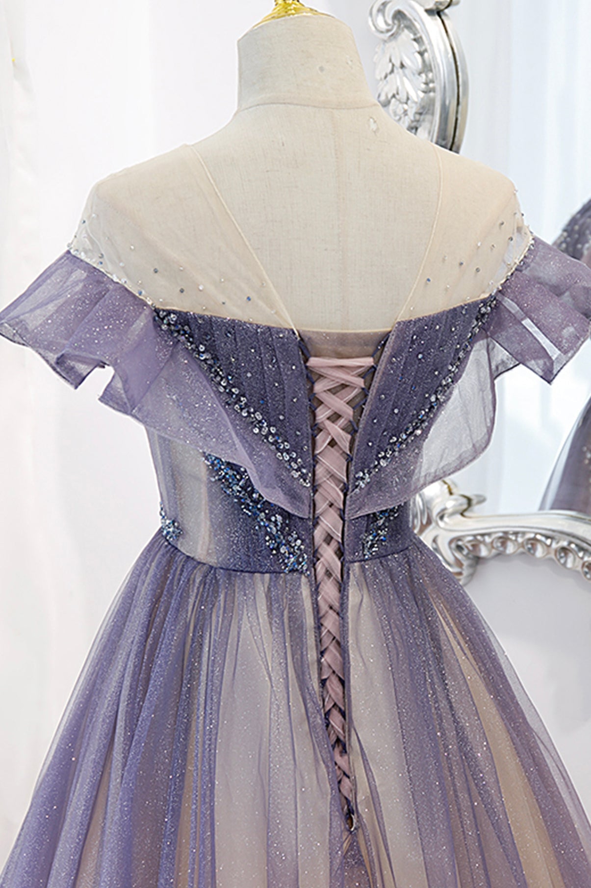 Purple tulle long A line prom dress evening dress 8733