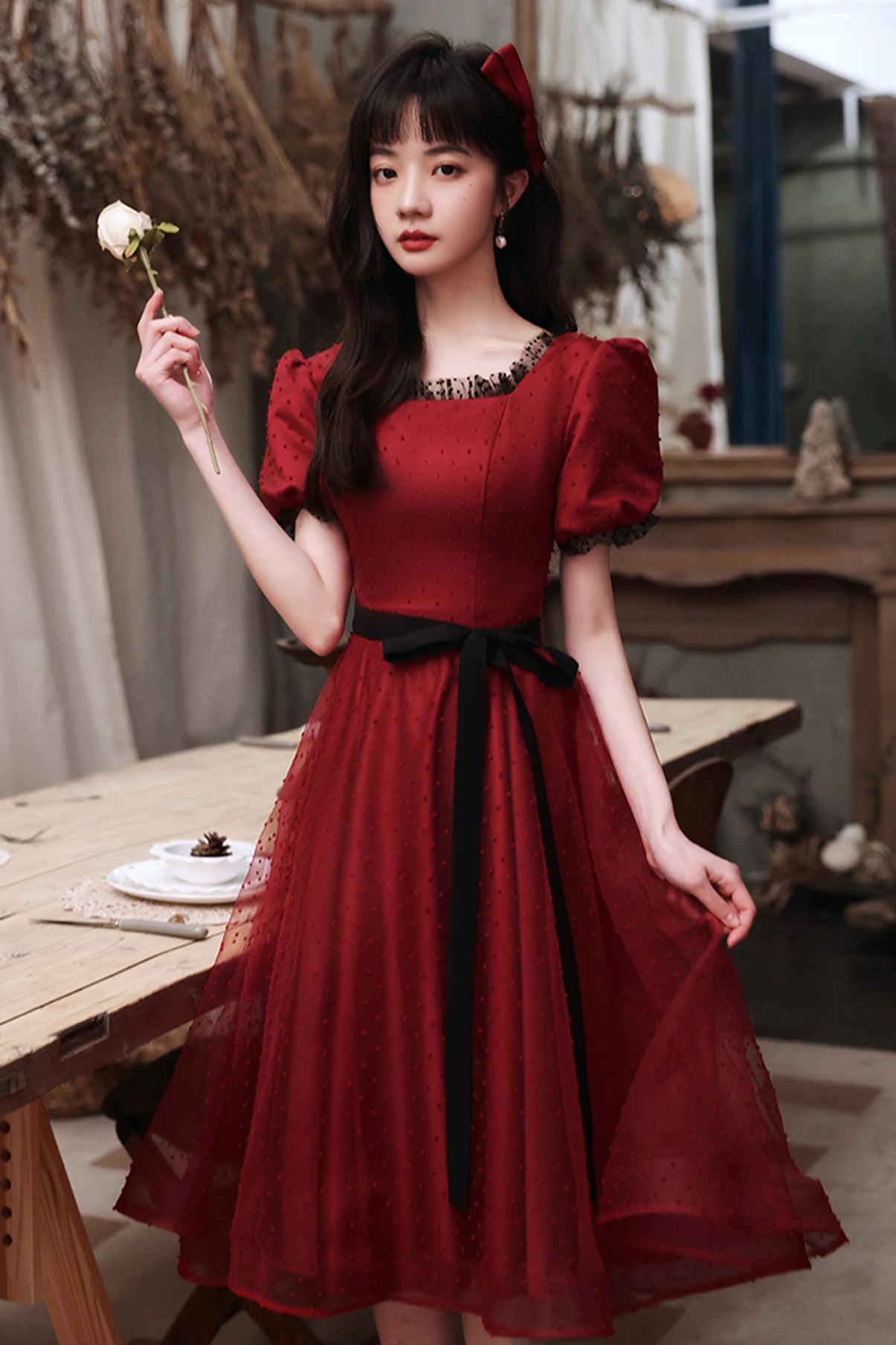 Burgundy tulle short A line prom dress homecoming dress 8776
