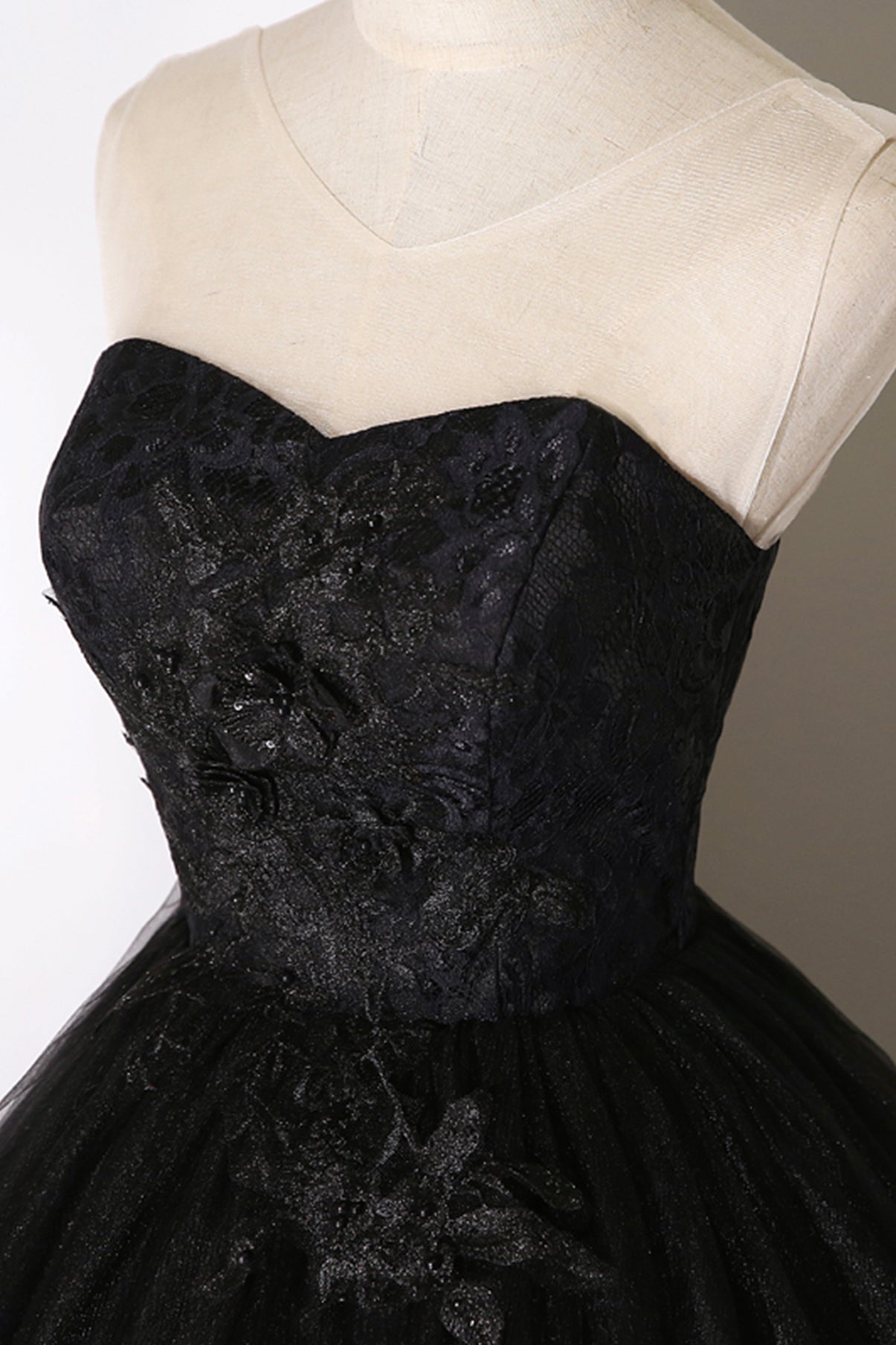Black Delicate Lace Floral A-Line Long Tulle Ball Gown Evening Dress 8641
