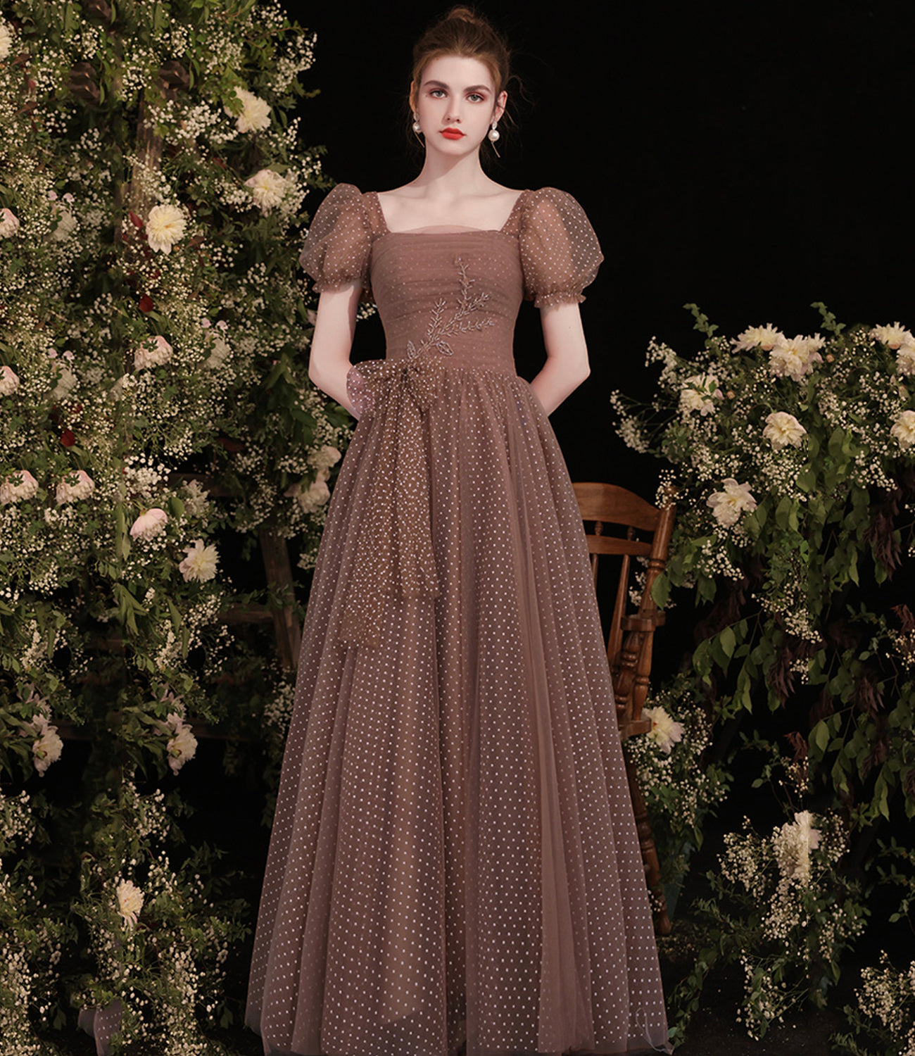 Cute tulle long A line prom dress evening dress 8801