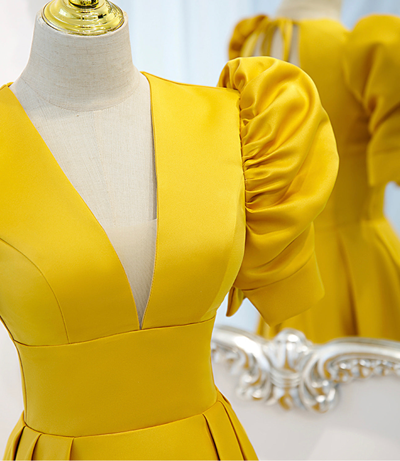 Yellow satin long A line prom dress evening dress 8847