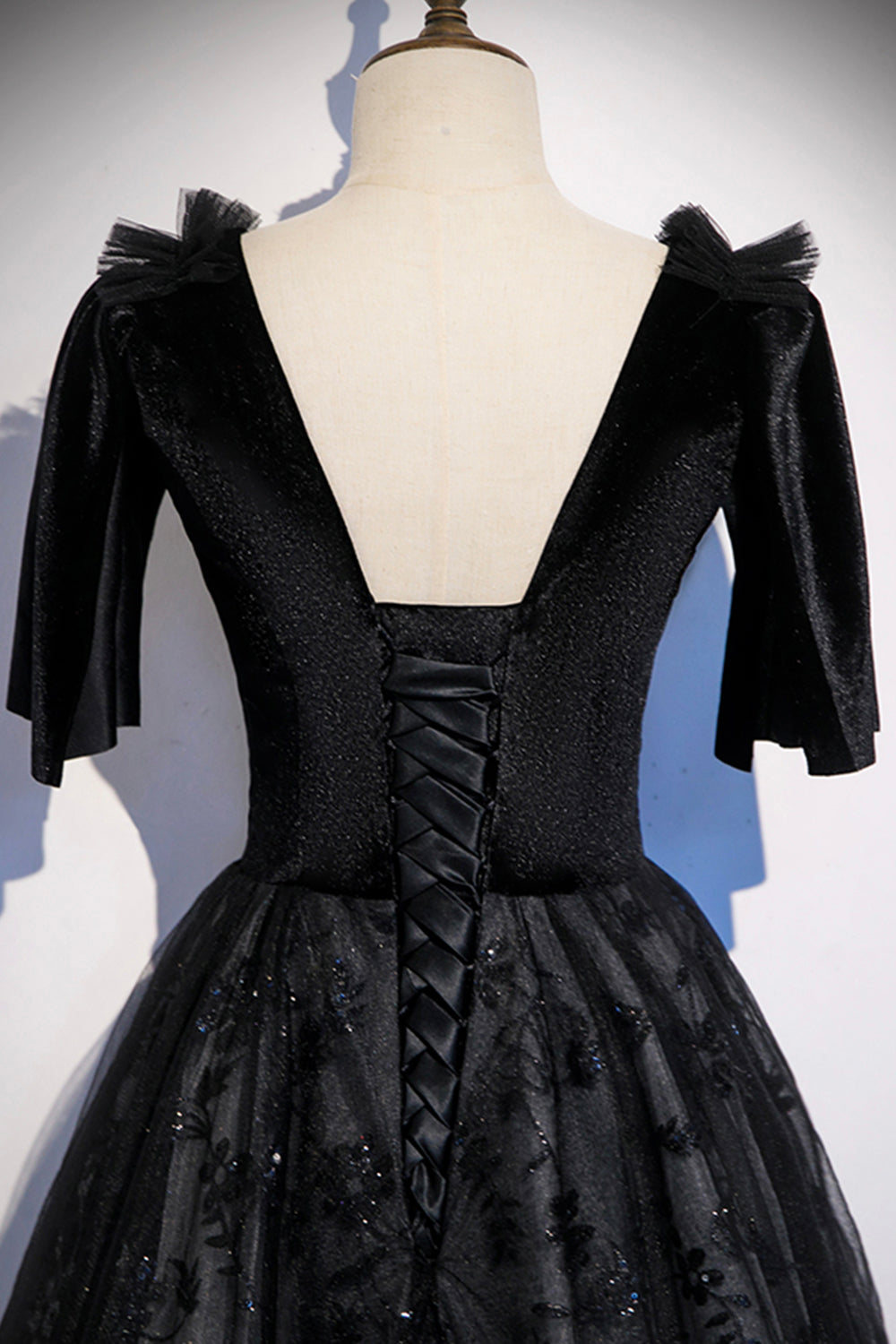 Black velvet lace long prom dress evening dress 8502