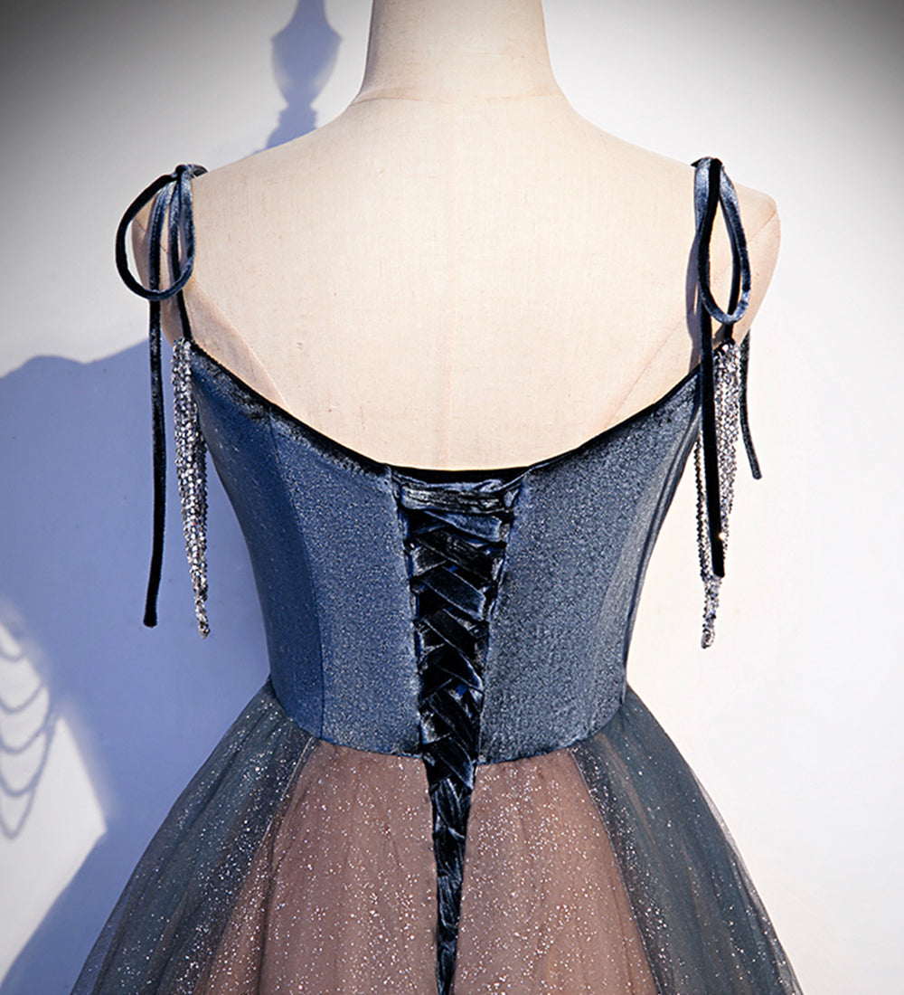 Blue tulle sequins long prom dress evening dress 8504