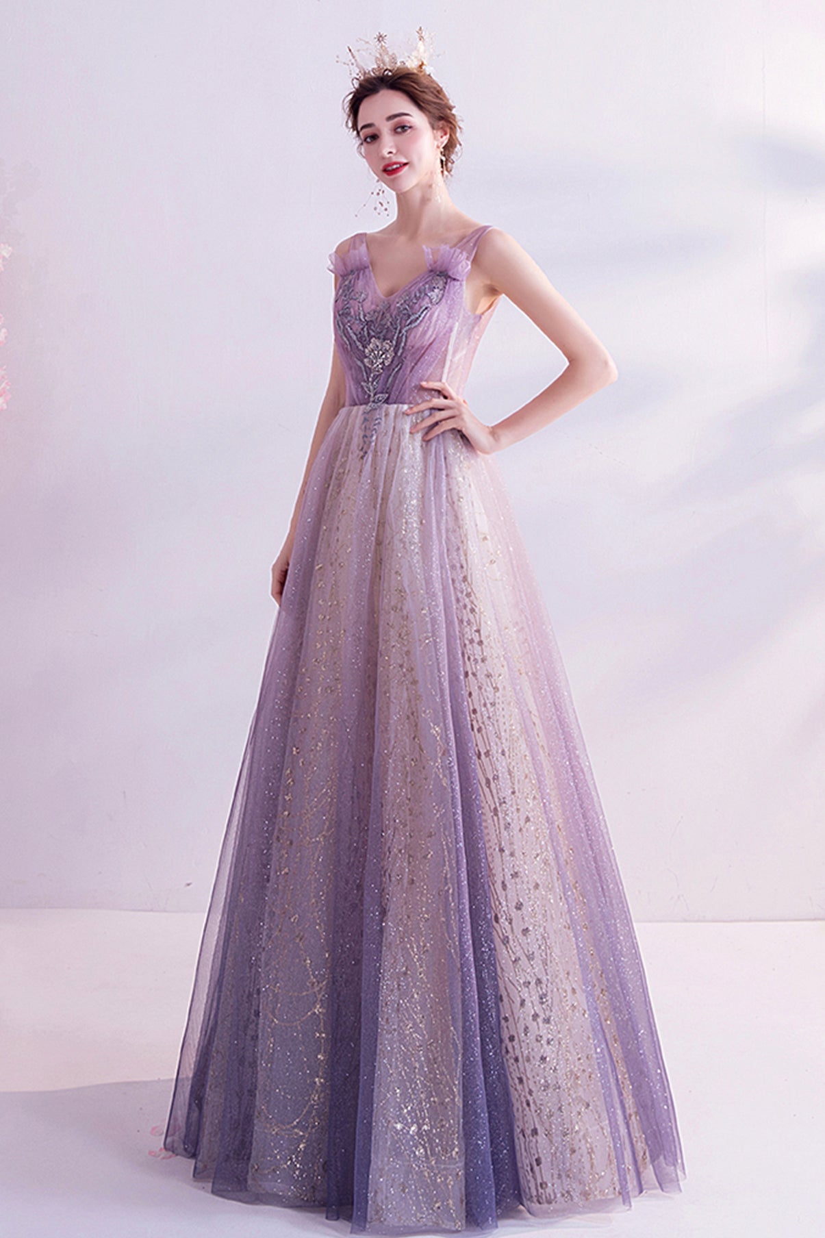Purple tulle long A line prom dress evening dress 8739