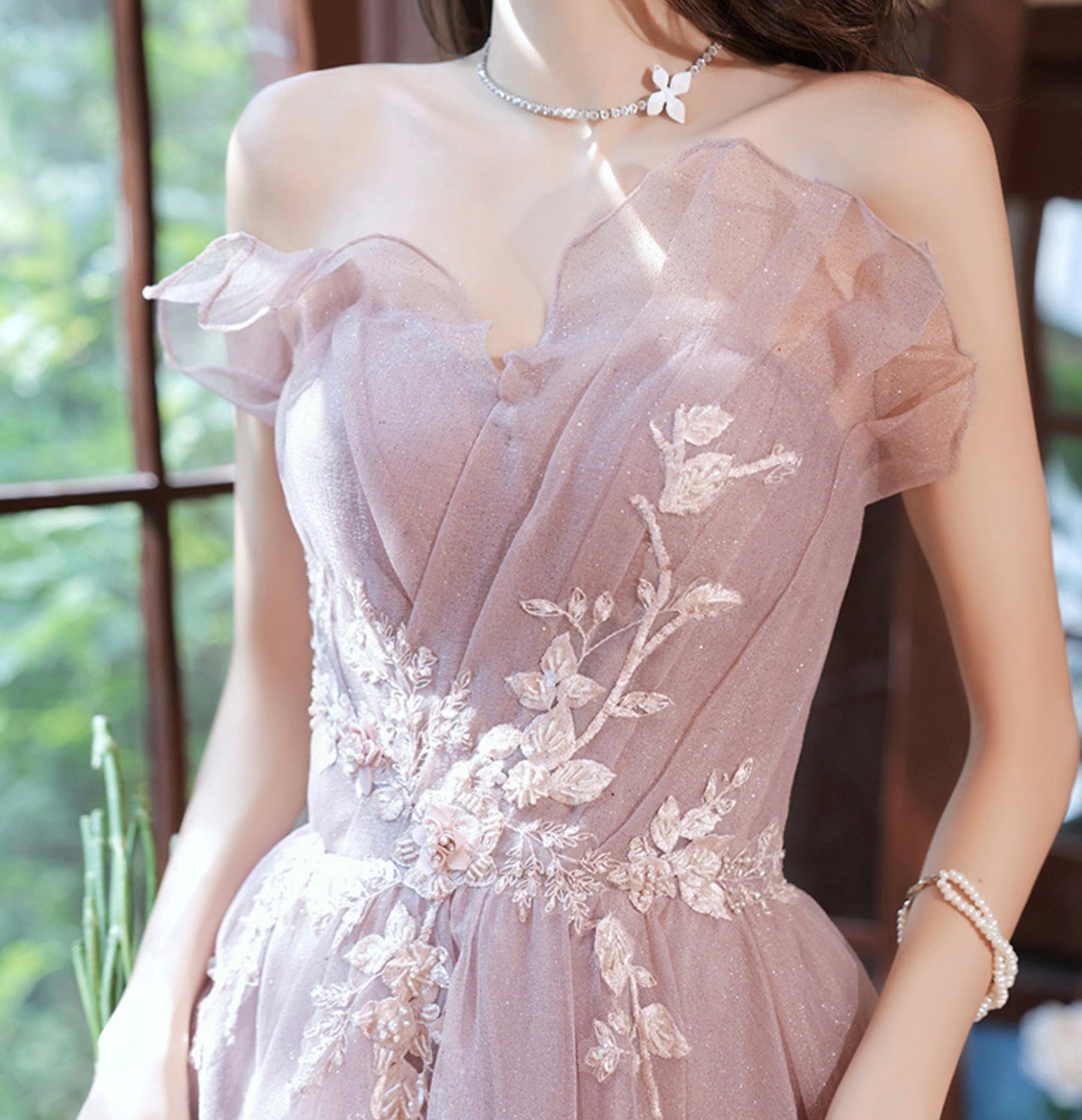 Pink tulle lace long A line prom dress evening gown 8952