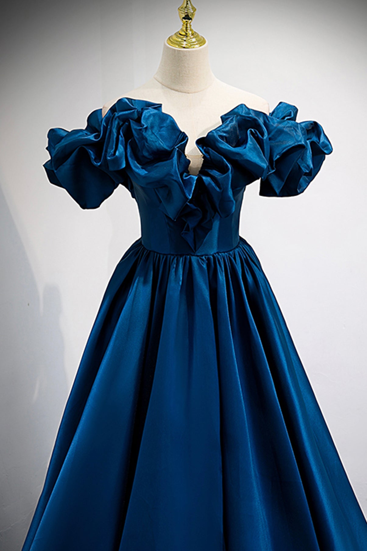 Blue satin long A line prom dress blue evening dress 8877