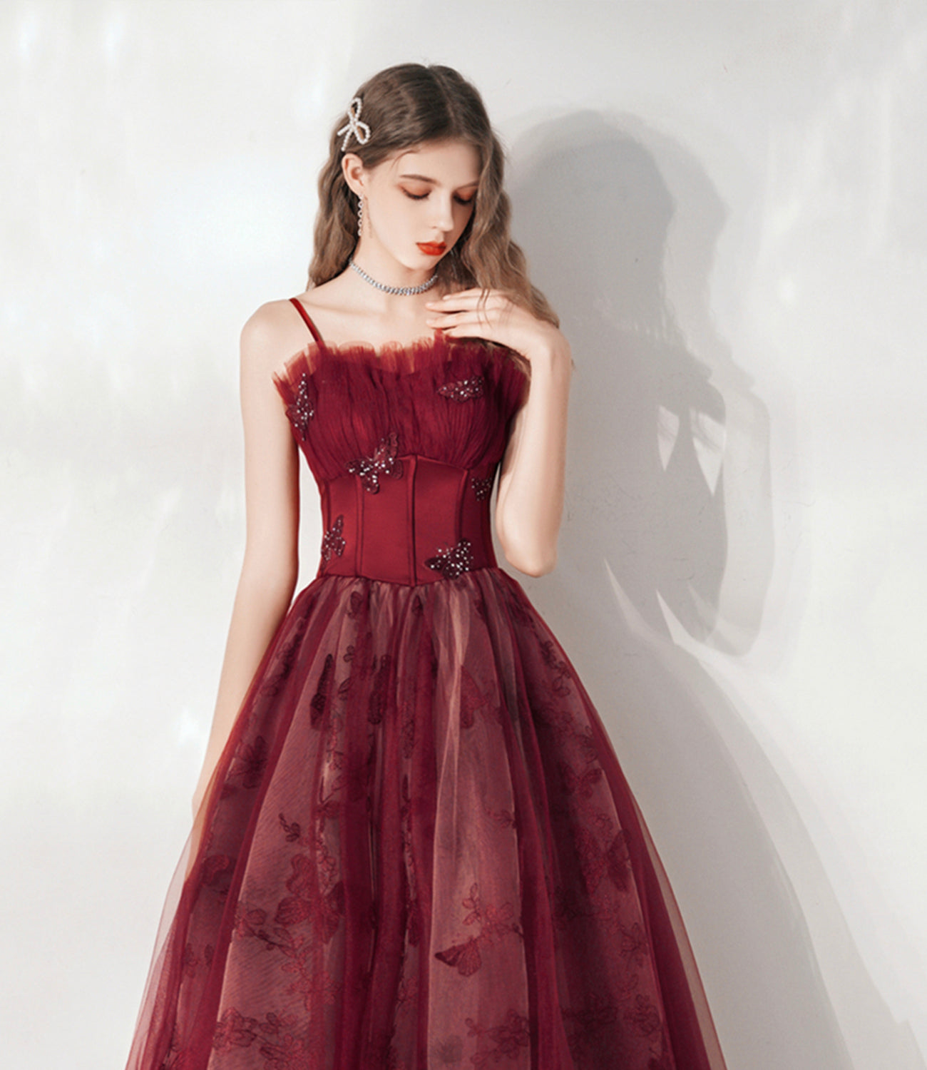 Burgundy tulle long A line prm dress evening dress 8799