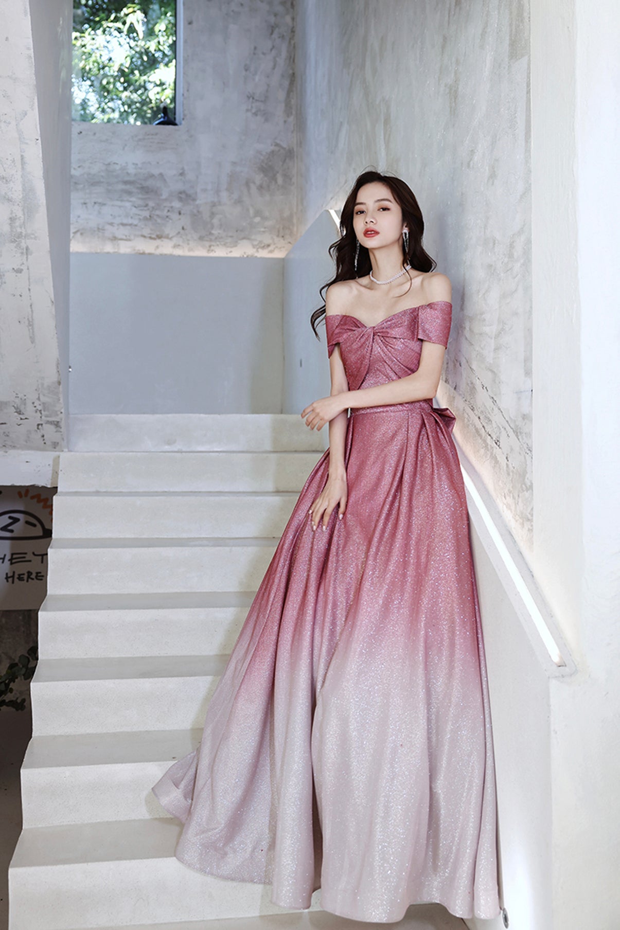 Pink gradient long A line prom dress pink evening dress 8742