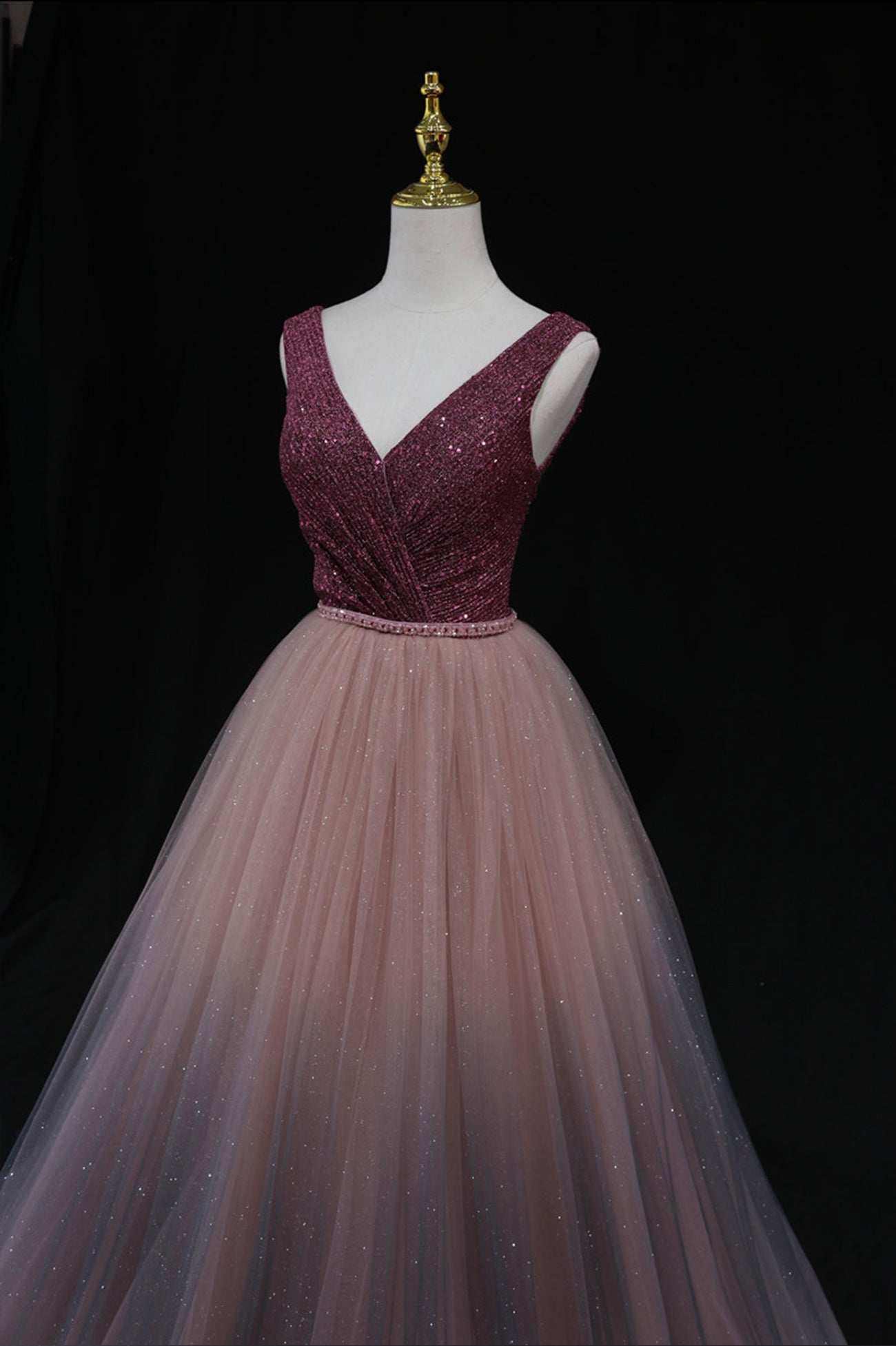 Shiny v neck tulle long prom gown formal dress 8602