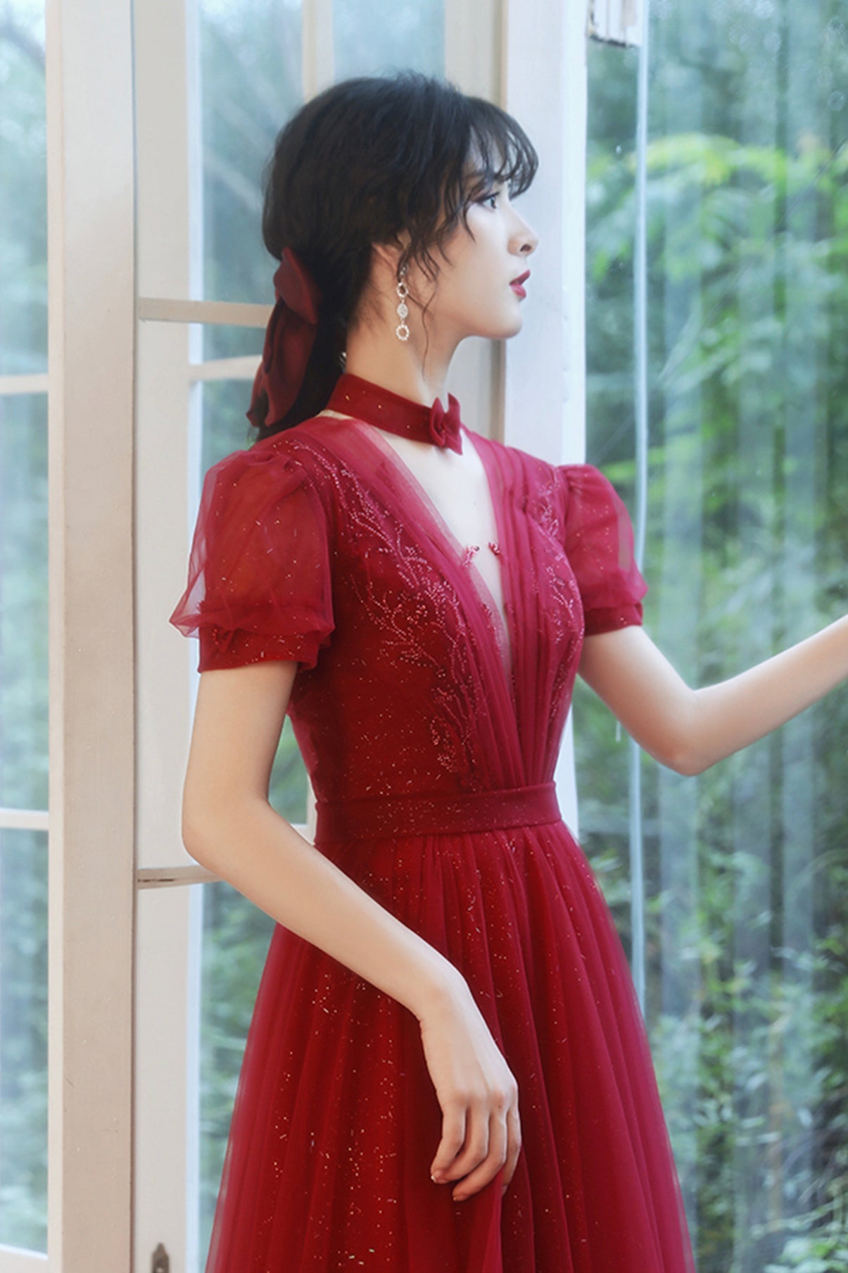 Burgundy tulle long A line prom dress evening dress 8757
