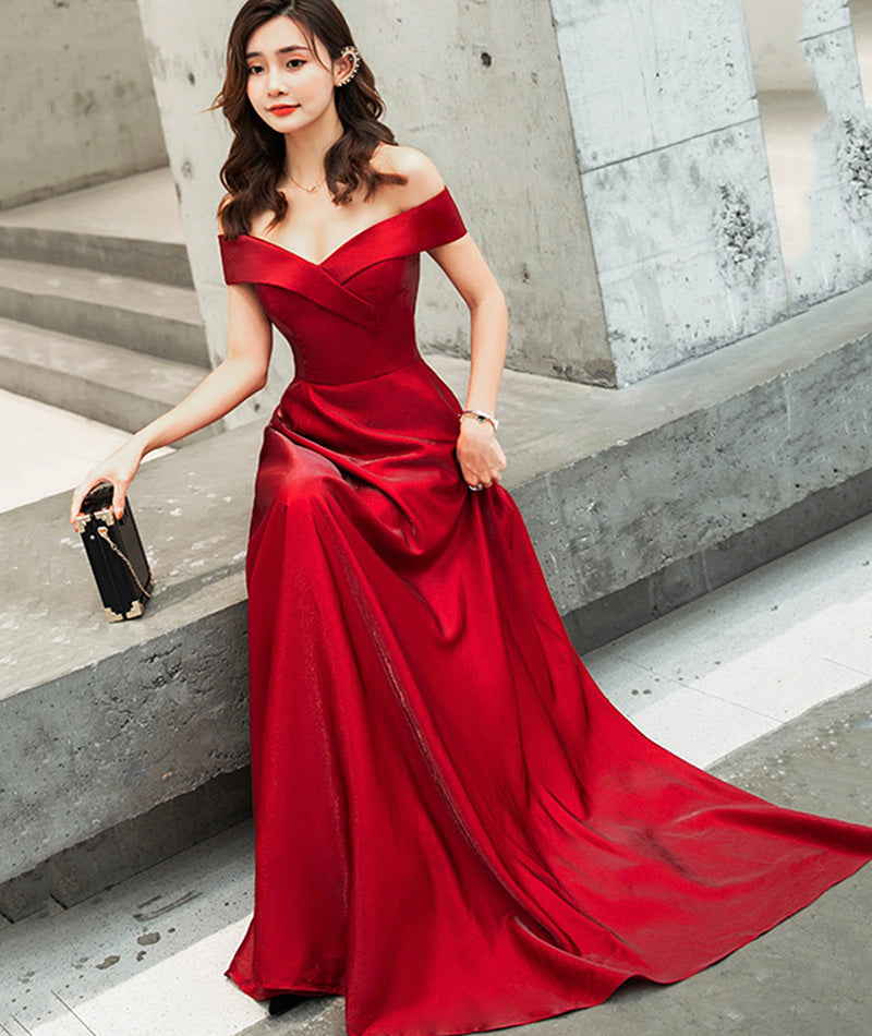 Burgundy satin long prom dress cute evening dress 8468