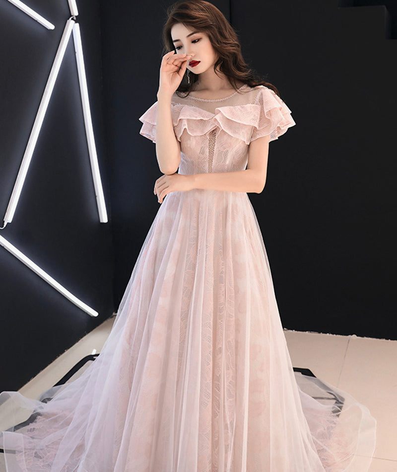 Pink lace tulle long prom dress pink evening dress 8372