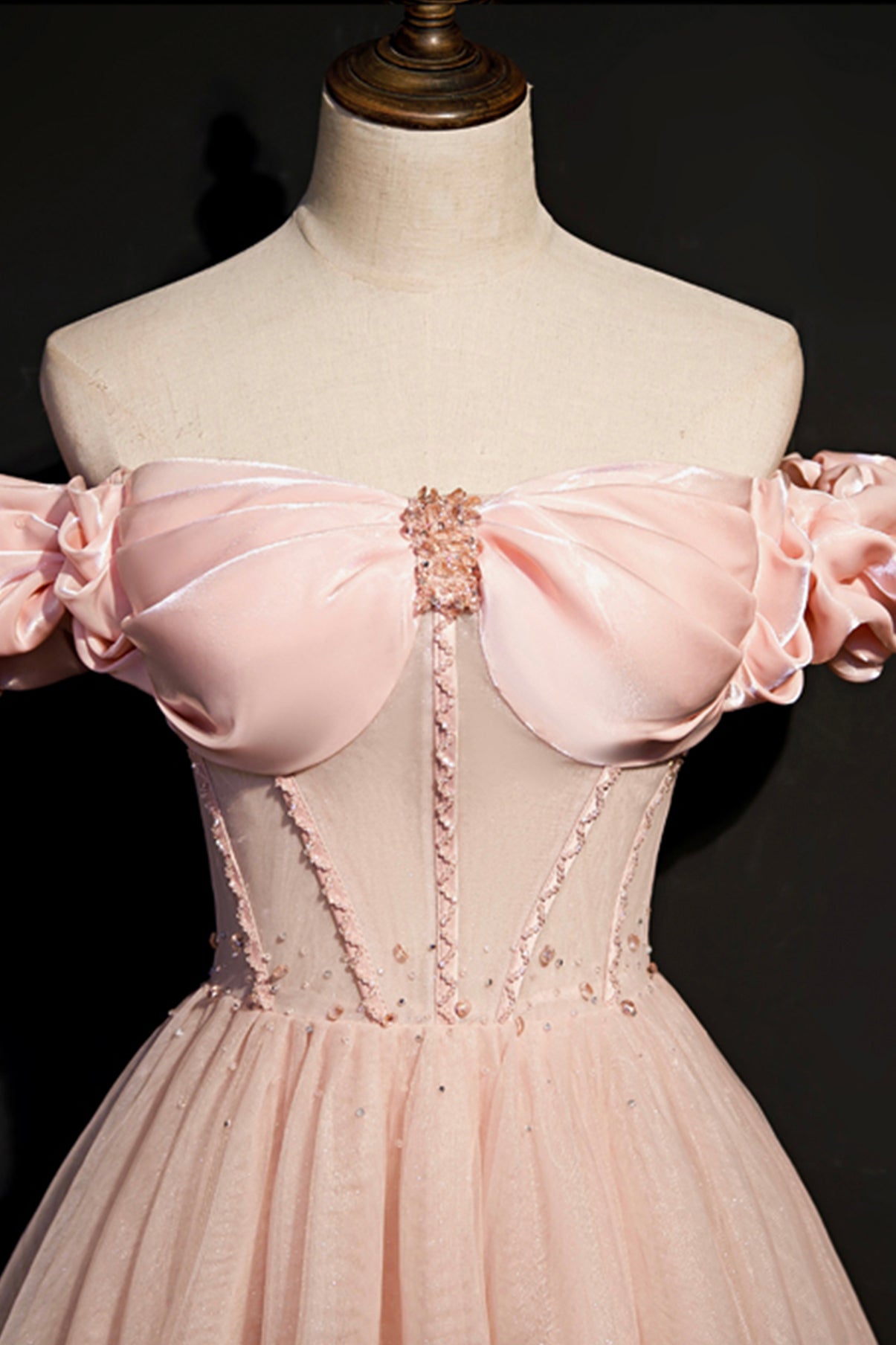 Pink tulle long A line prom dress pink evening dress 8693