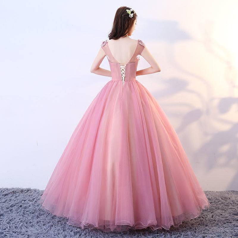 Pink tulle lace long ball gown dress formal dress 8765