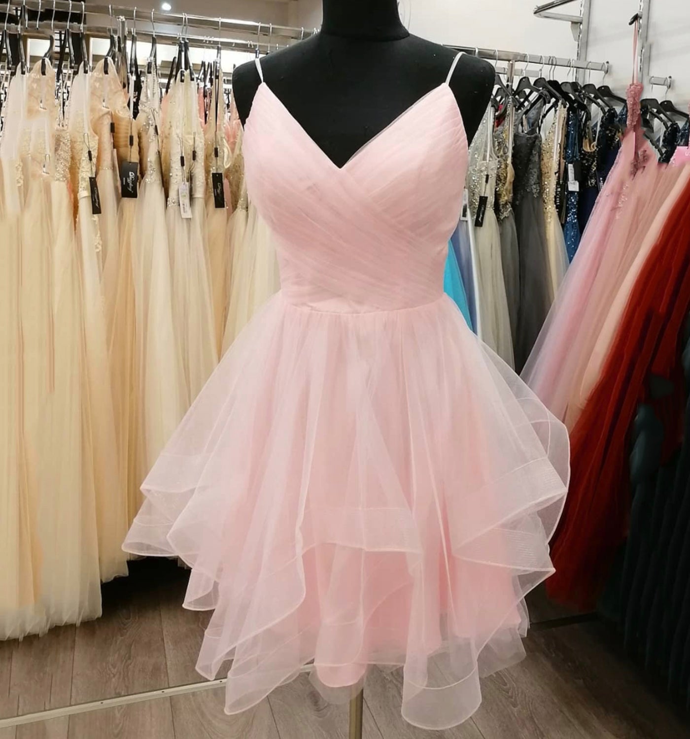 Pink tulle short prom dress homecoming dress 8884