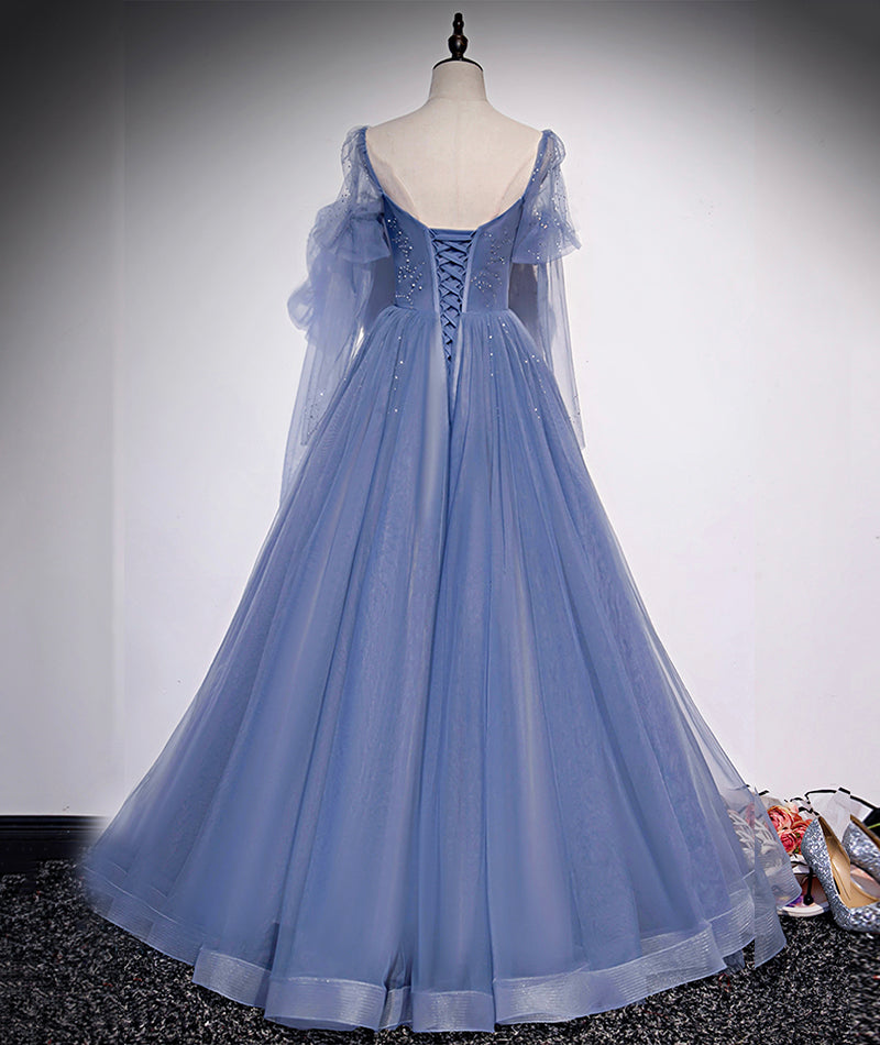 Blue tulle long prom dress simple evening dress 8430
