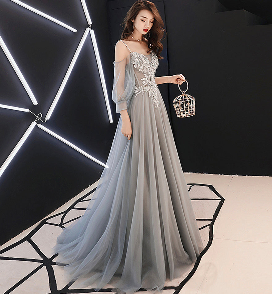 Gray tulle lace long A line prom dress evening dress 8477