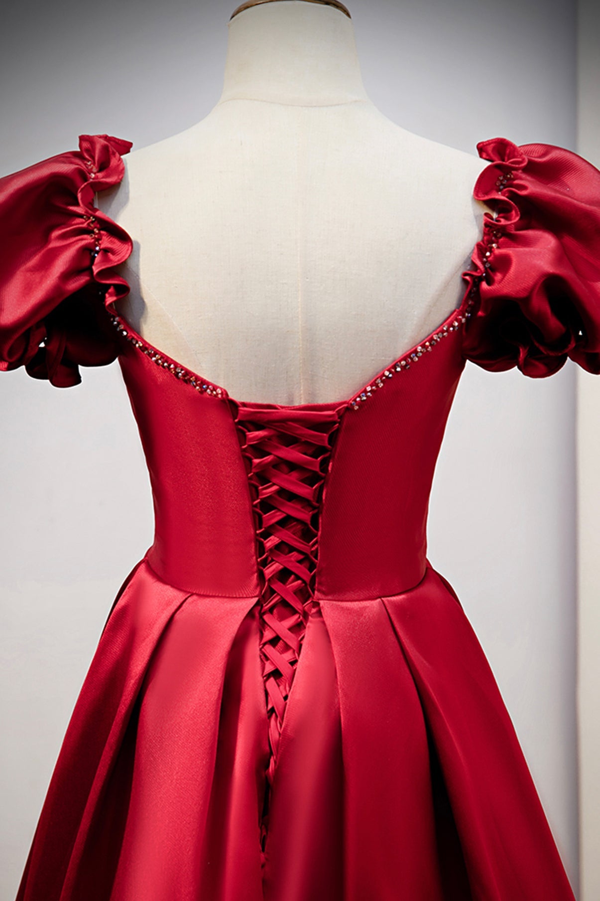 Burgundy satin long A line prom dress evening dress 8711