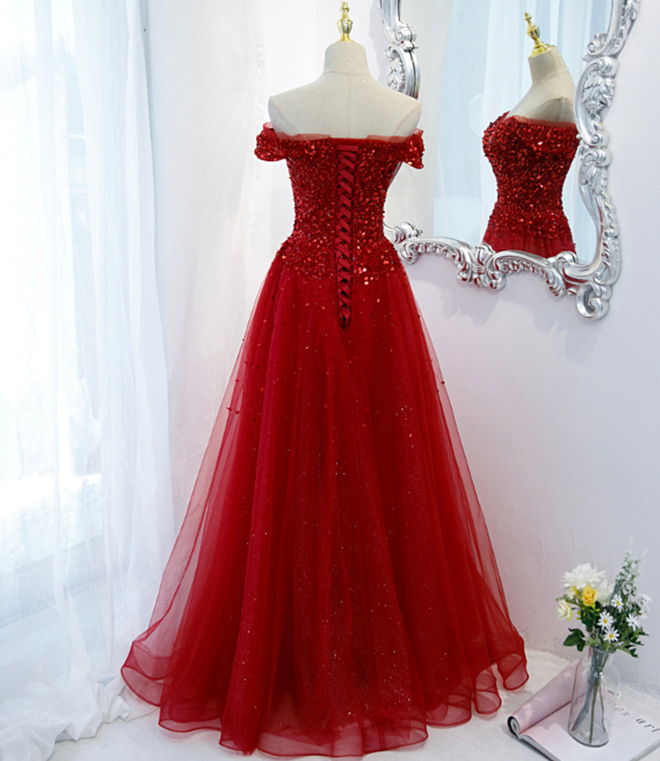 Red tulle sequins long prom dress red evening dress 8987