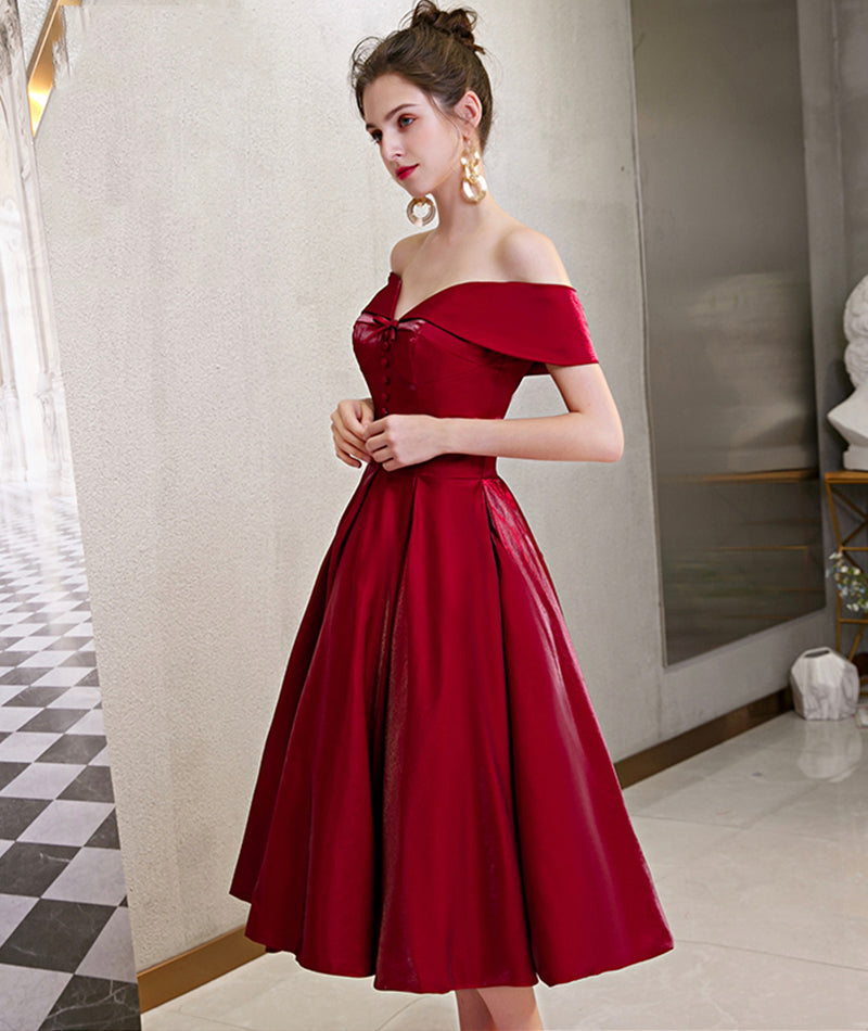 Cute satin short prom dress burgundy party dress 8393