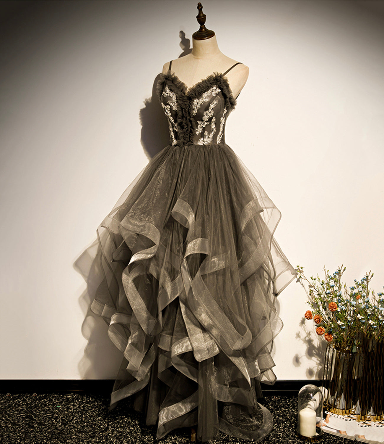 Gray tulle long A line prom dress evening dress 8824