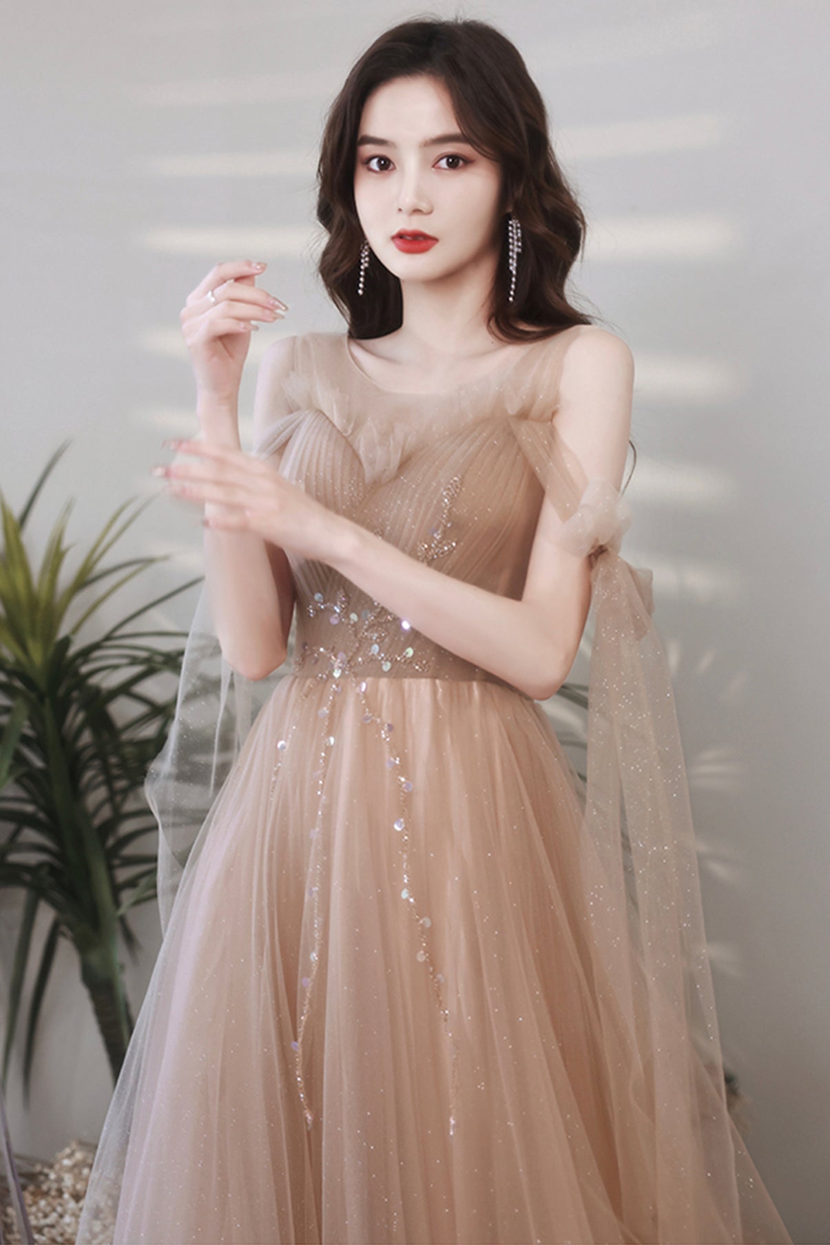 Cute tulle sequins long A line prom dress evening dress 8705
