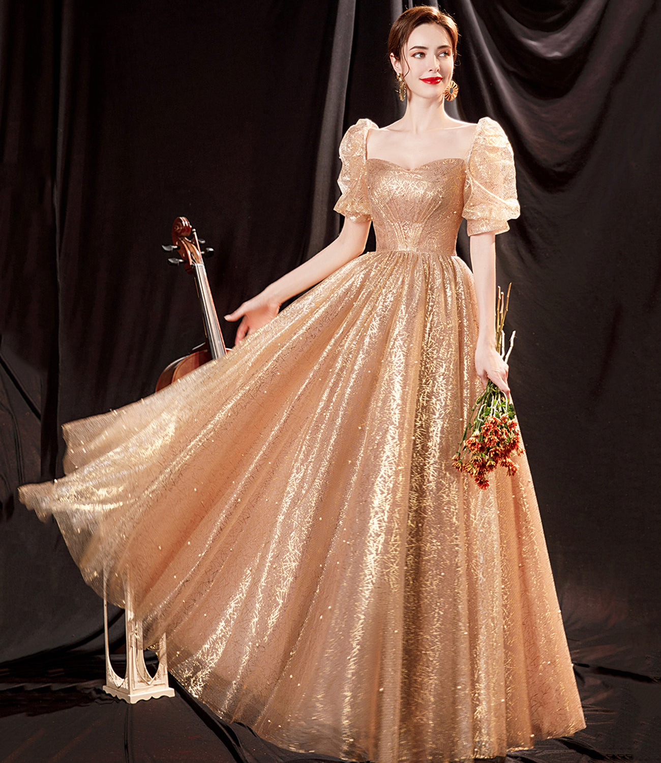 Shiny tulle long A line prom dress evening dress 8818
