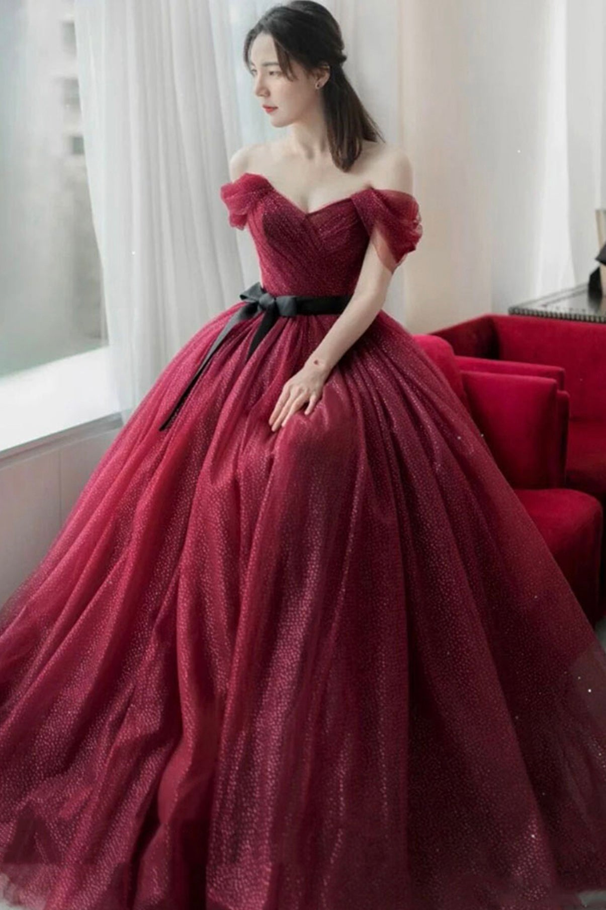 Burgundy tulle long A line prom dress evening dress 8856