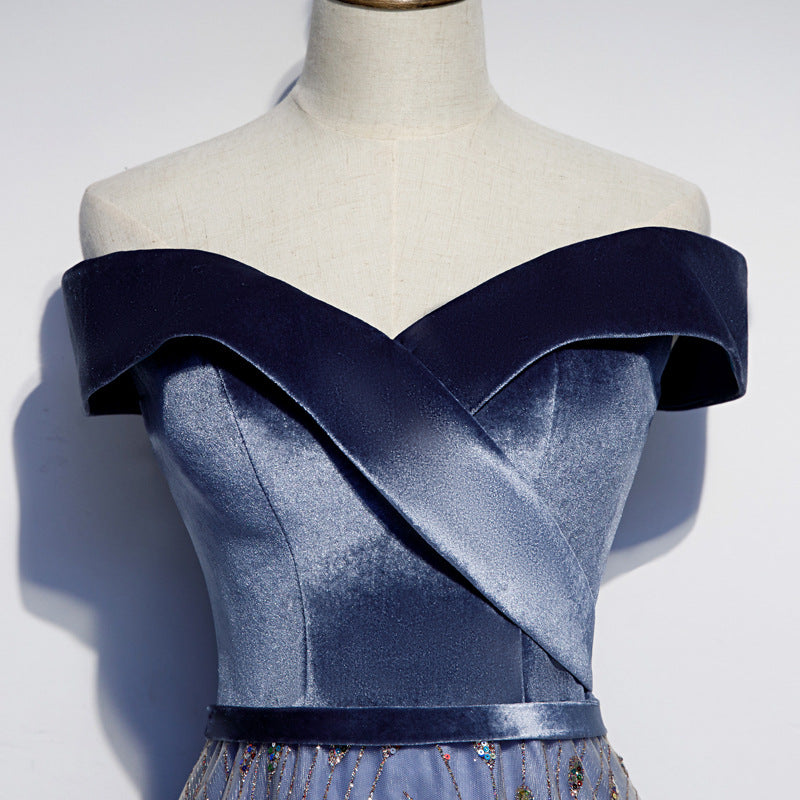Blue velvet tulle long prom dress blue evening dress 8465