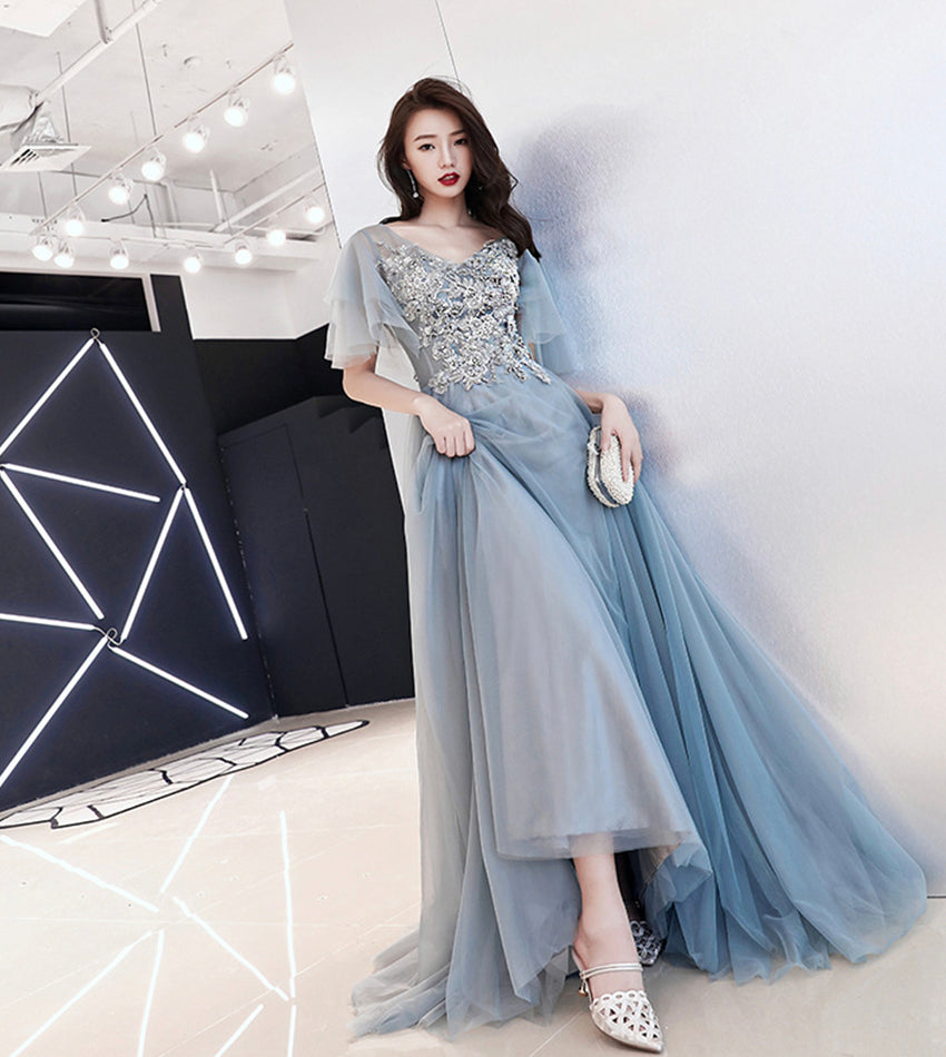 Grey tulle lace long prom dress lace evening dress 8532