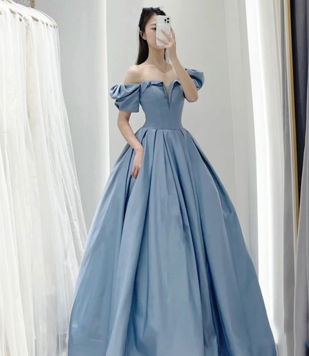 Blue Satin Elegant Short Sleeve Long A-Line Ball Gown Evening Dress 8831