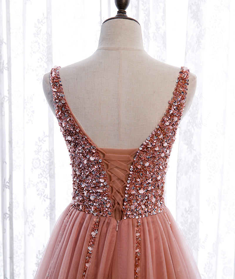 Pink v neck tulle beads prom dress A line evening dress 8377
