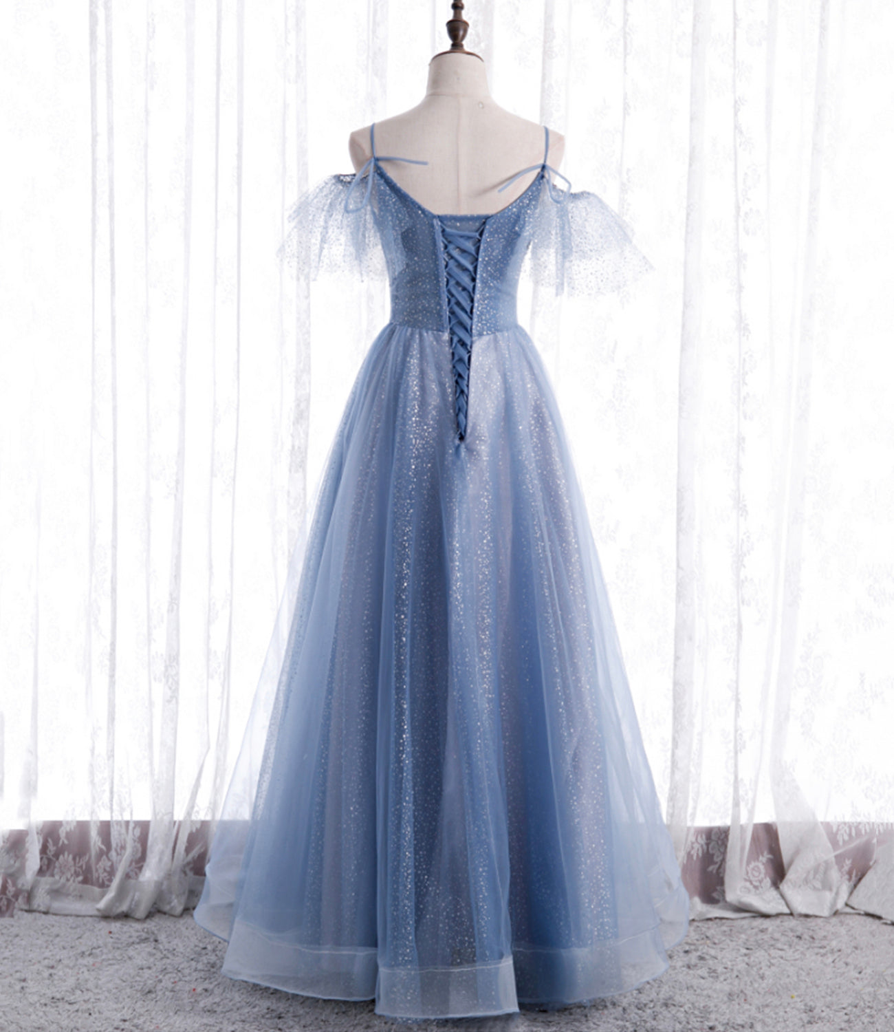 Blue tulle long A line prom dress fashion dress 8763
