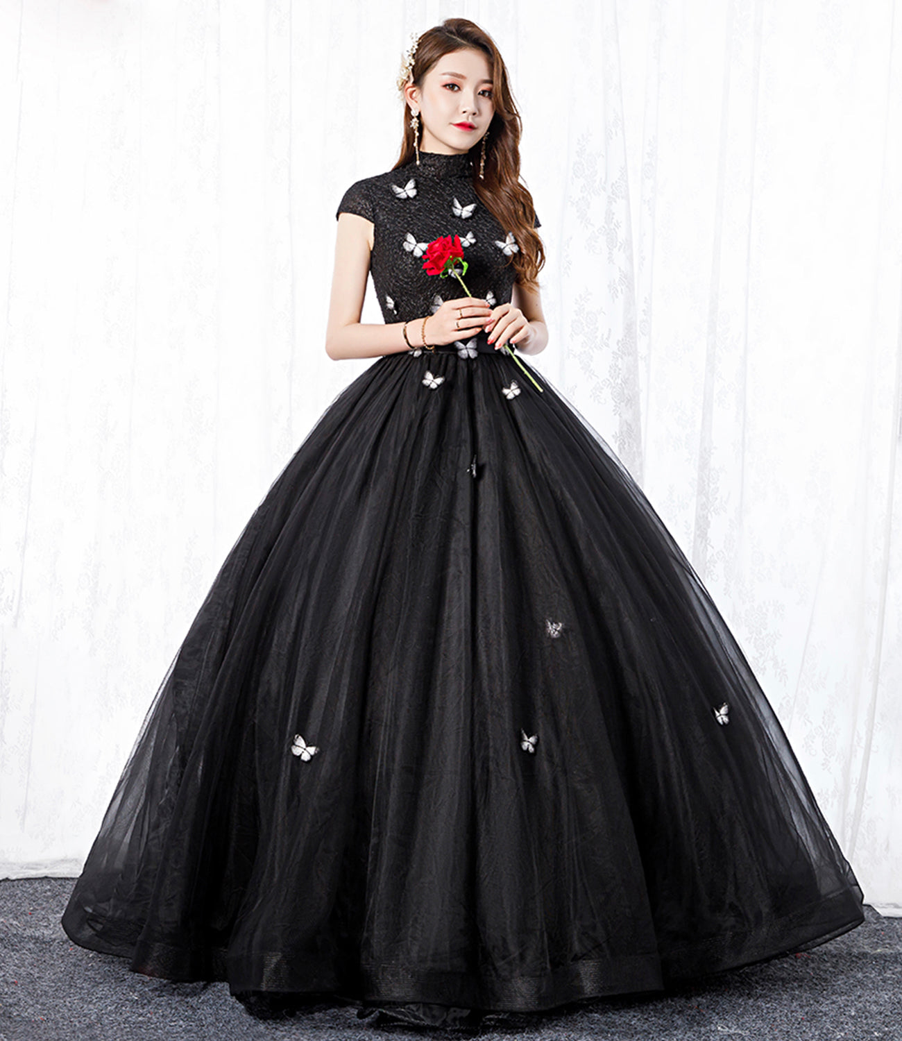 Black tulle long A line ball gown dress formal dress 8650