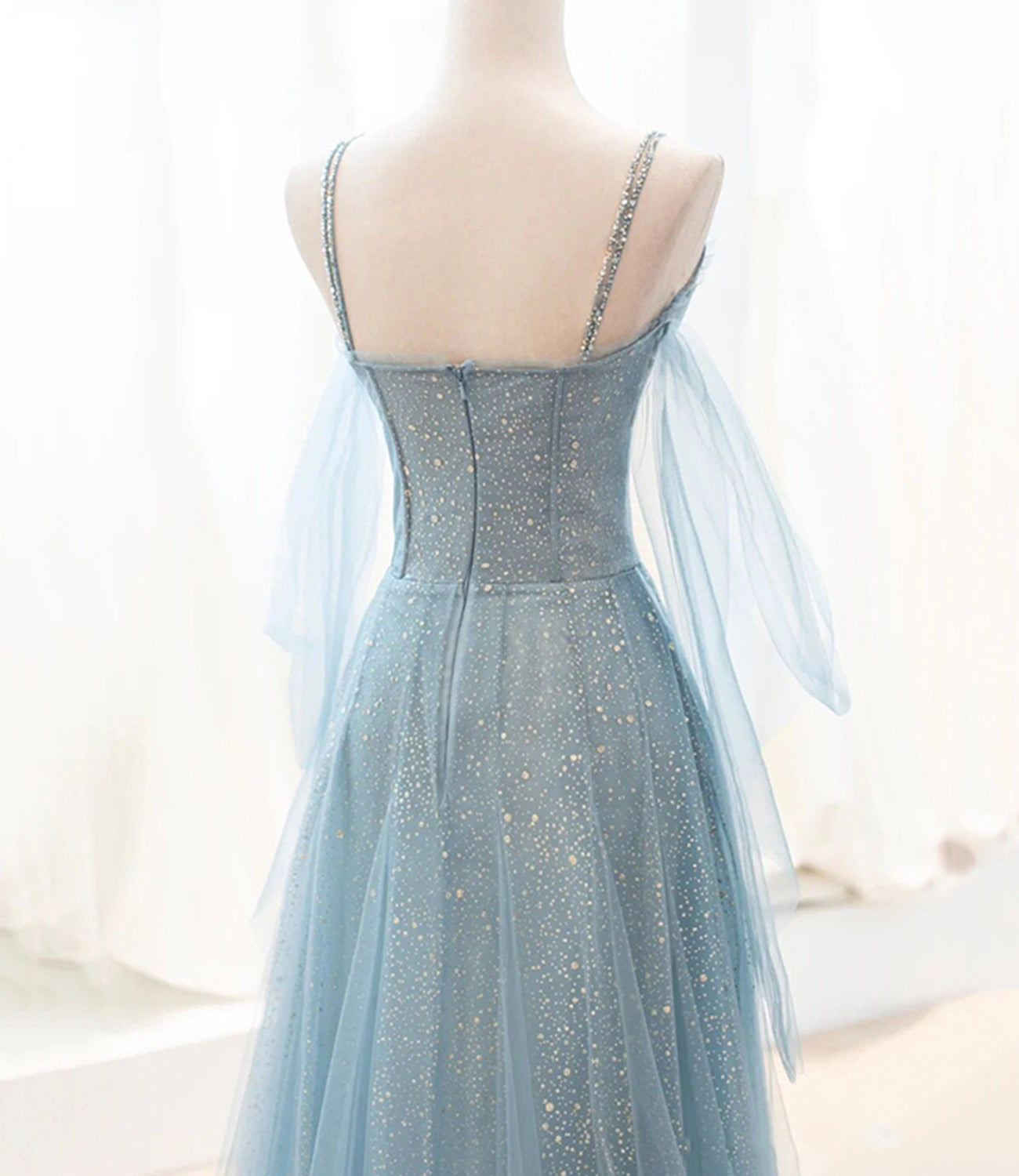 Blue tulle long A line prom dress blue evening dress 8764