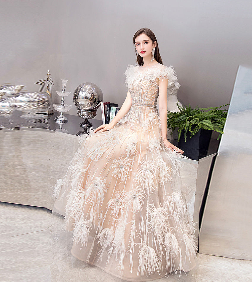Unique tulle beads long prom dress evening dress 8524