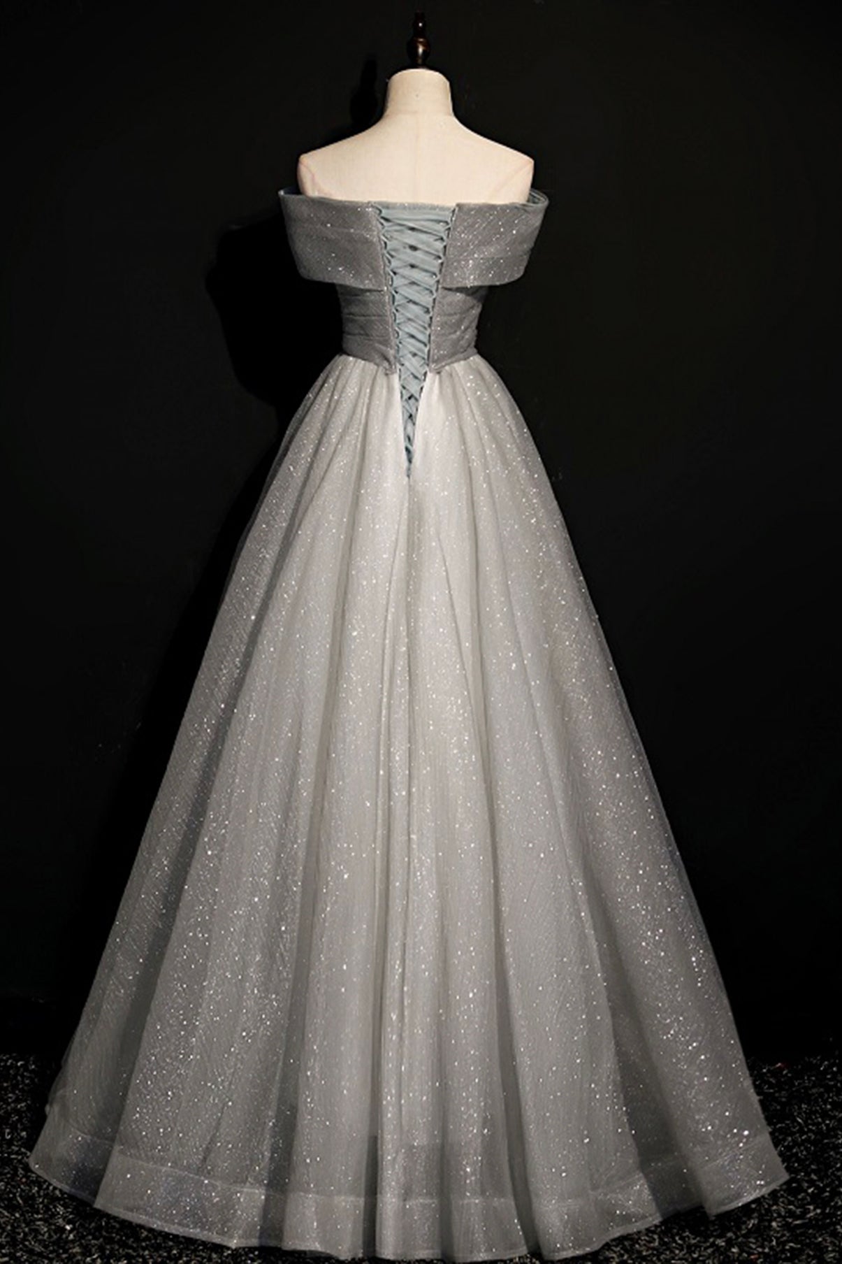 Gray tulle sequins long A line prom dress evening dress 8701