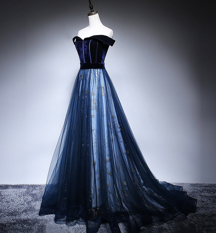 Blue velvet tulle long prom dress evening dress 8449