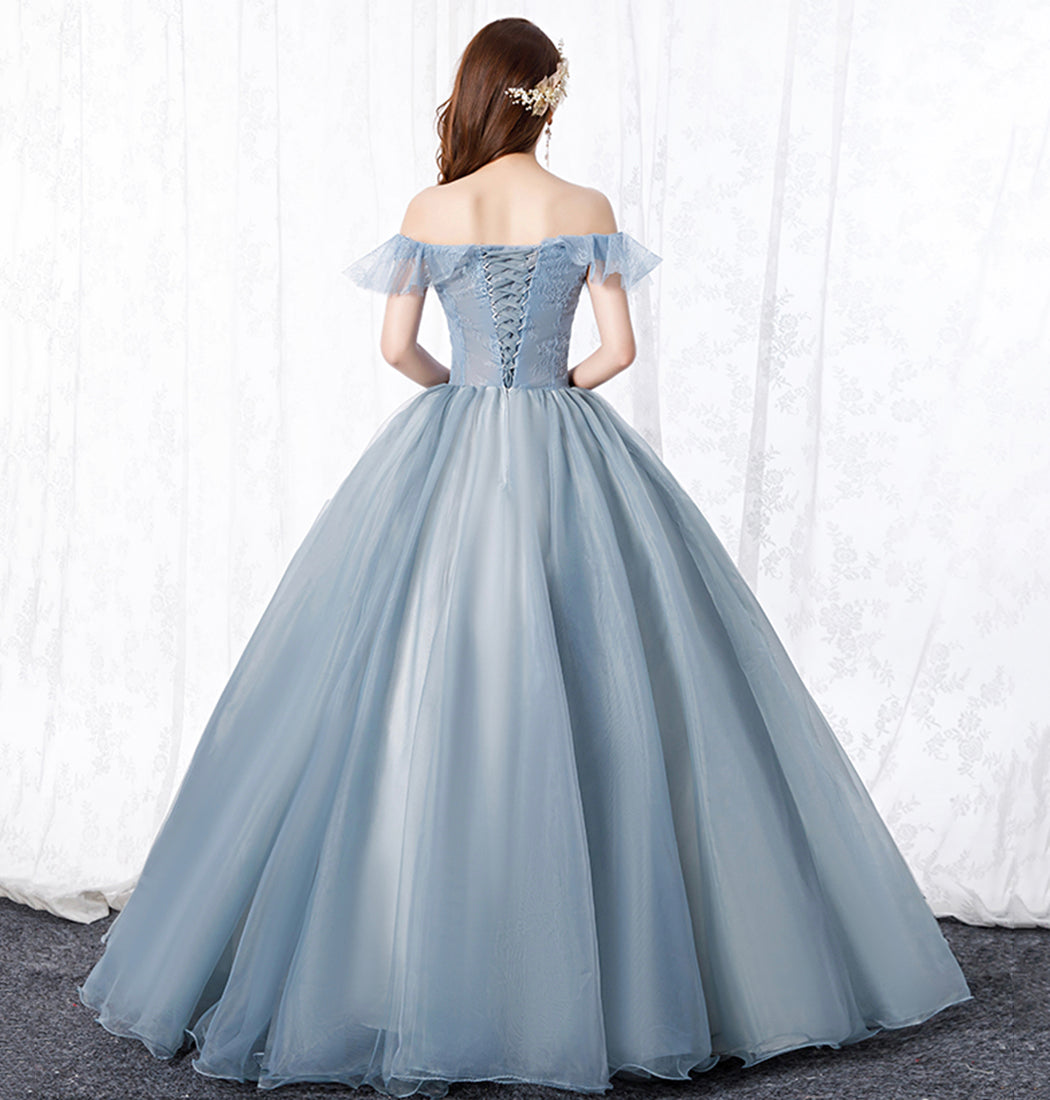 Grey tulle lace long prom gown A line evening dress 8629