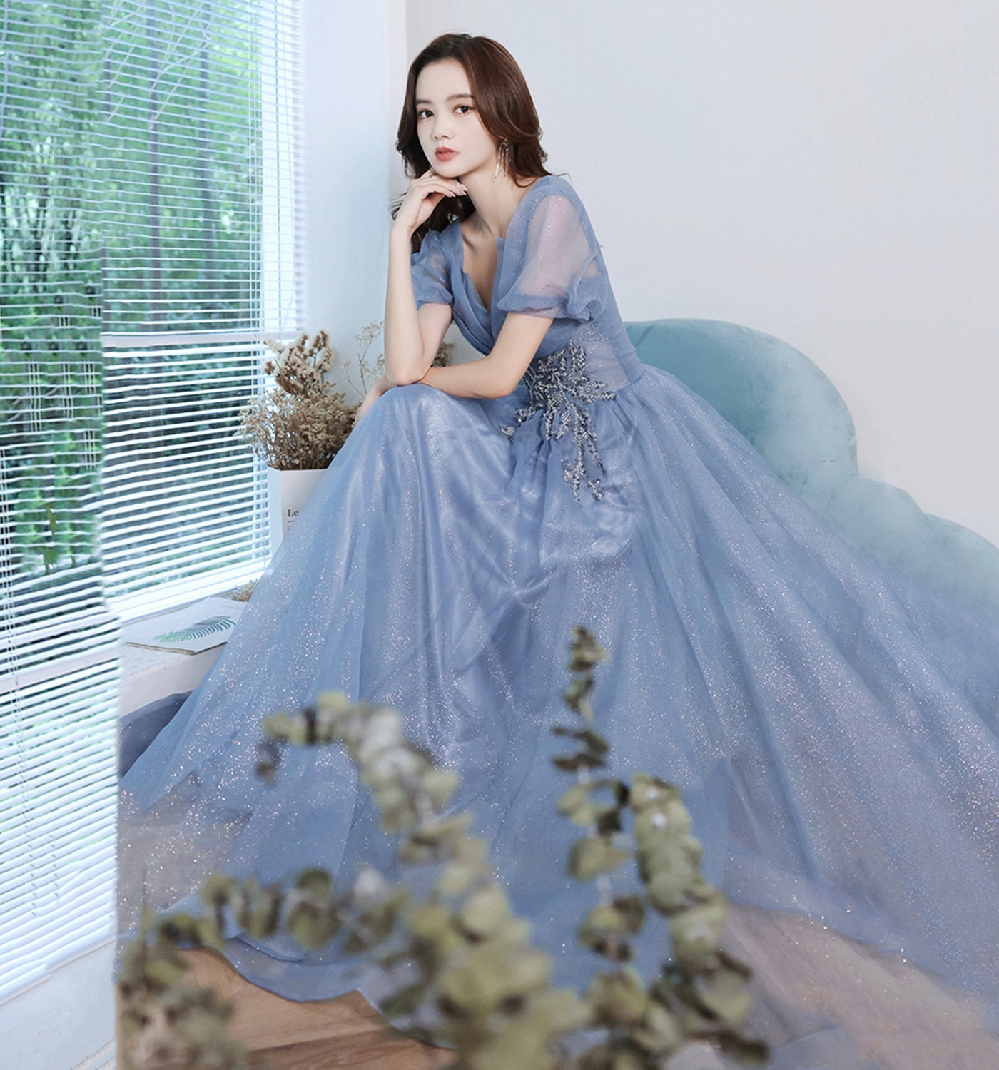 Blue tulle sequins long prom dress A line evening gown 10013