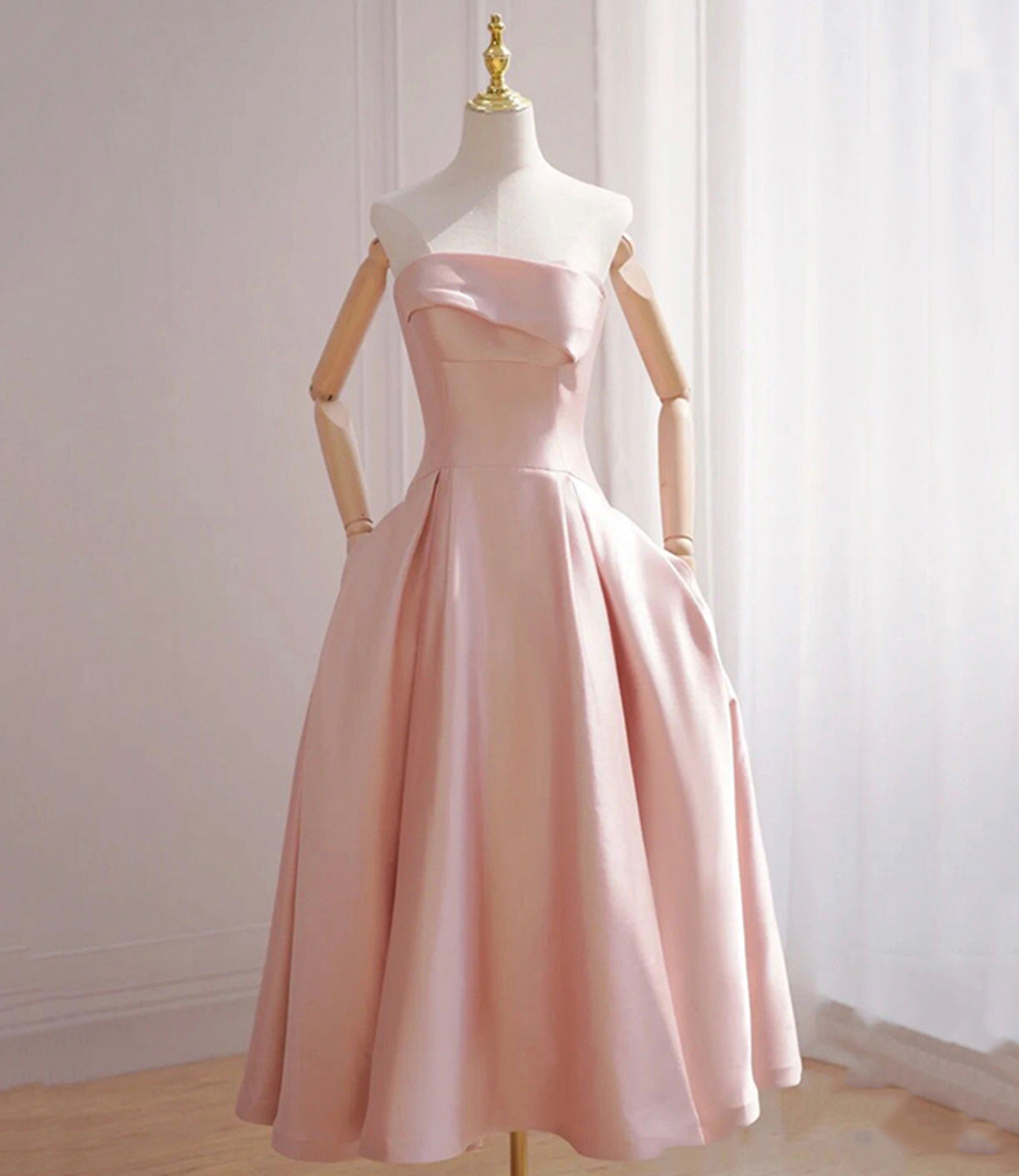 Pink satin short A line prom dress evening dress 8817