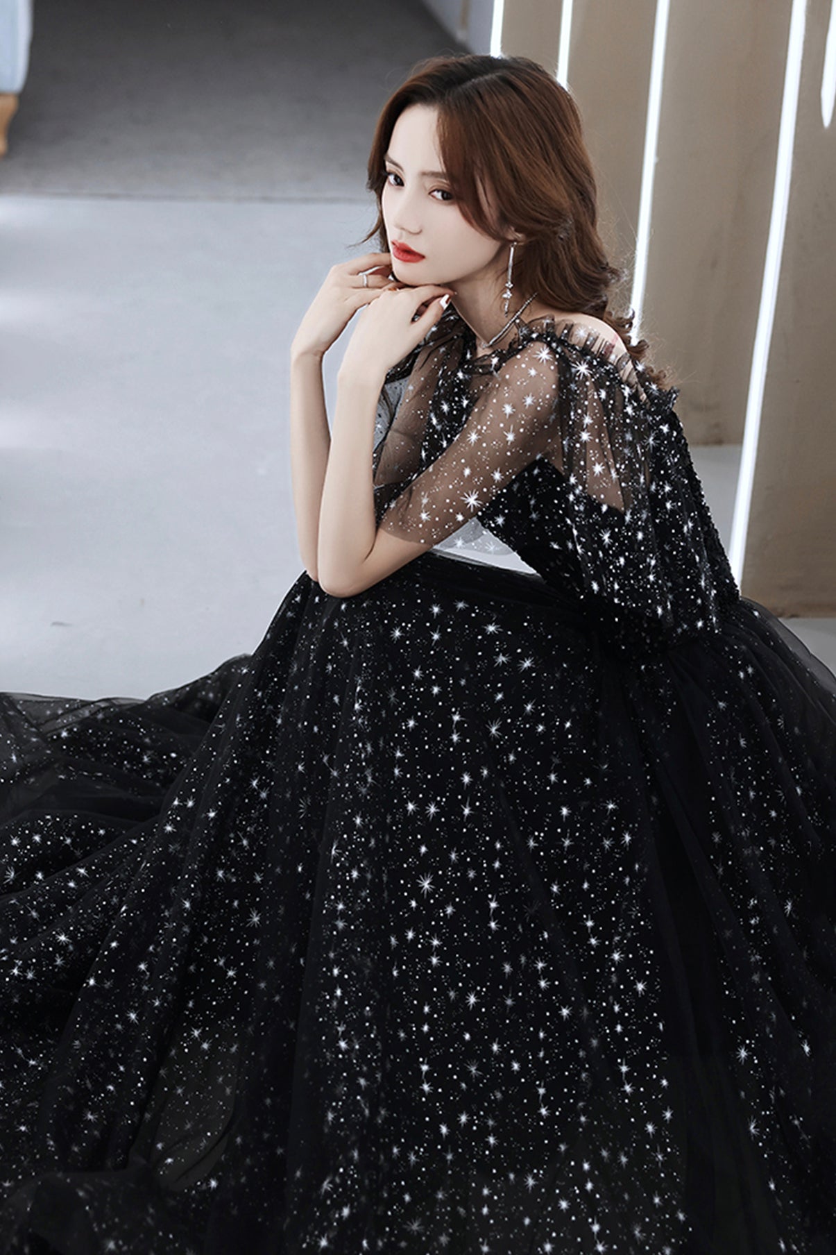 Black tulle long A line prom dress evening dress 8681