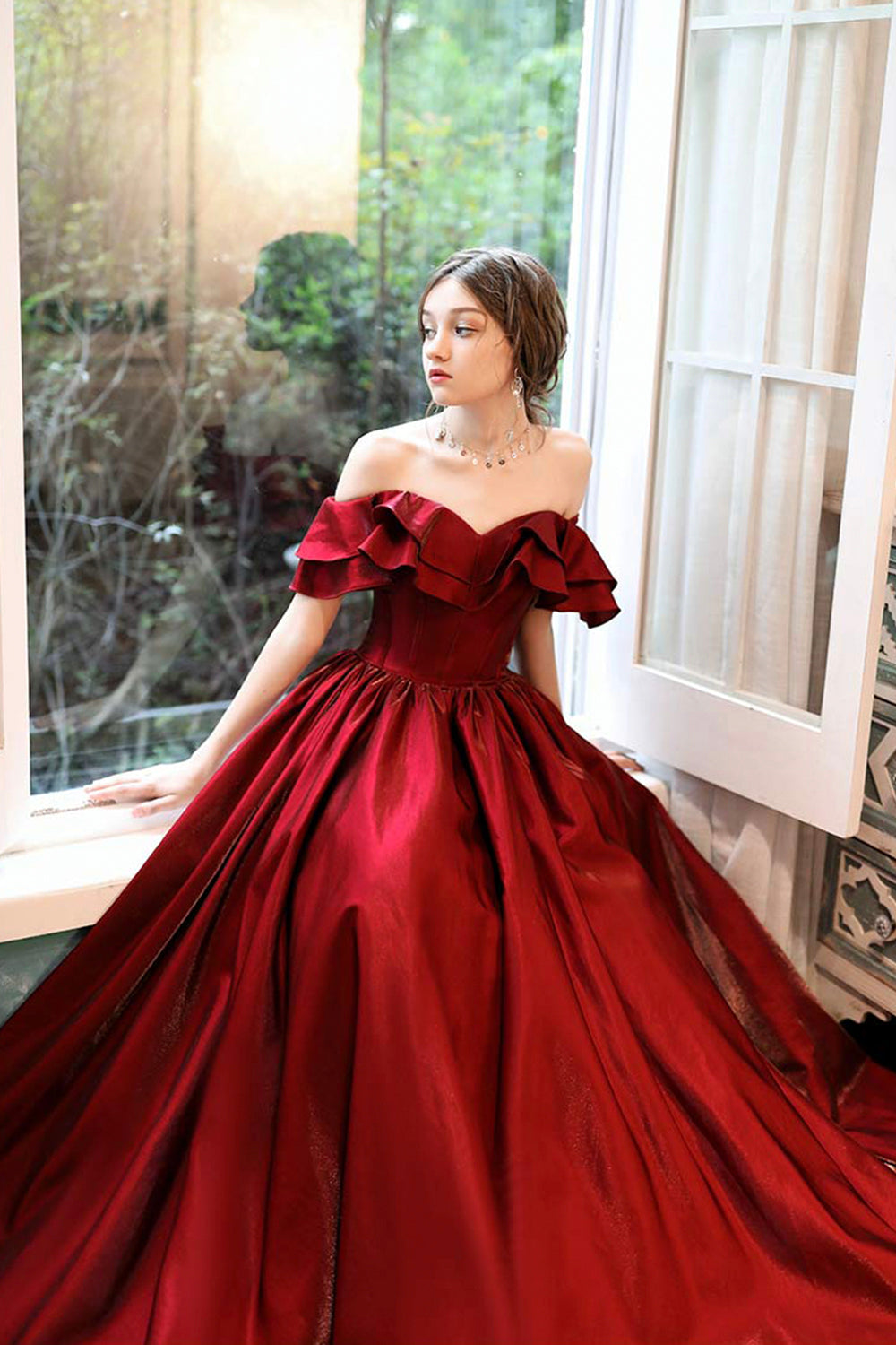 Burgundy satin long prom dress evening dress 8510