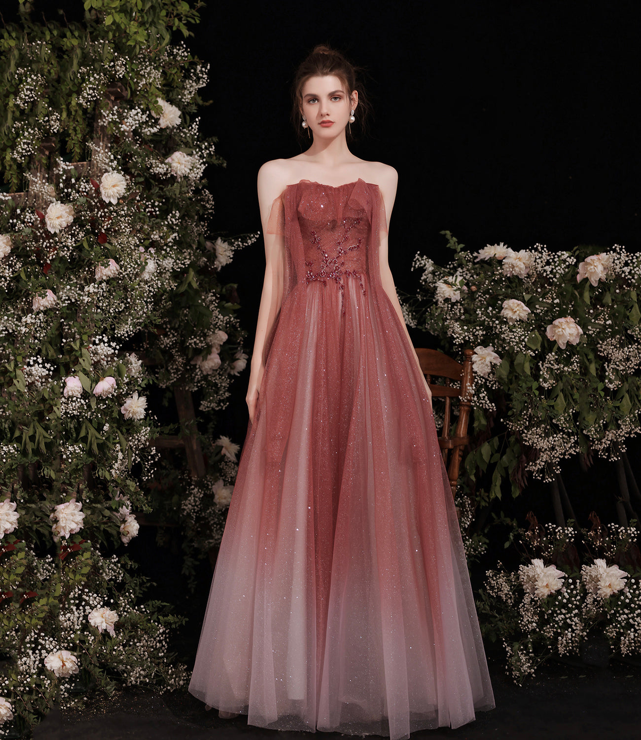 Burgundy tulle long A line prom dress evening dress 8798