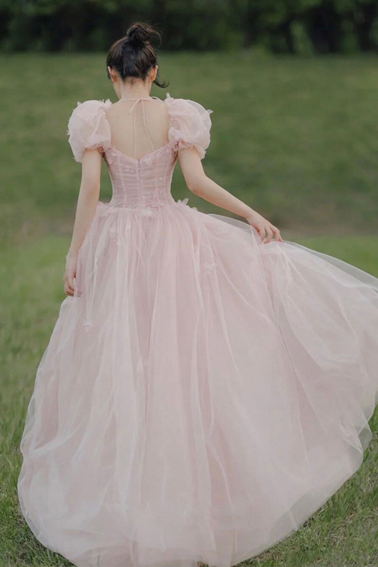 Pink tulle long A line prom dress evening dress 8735