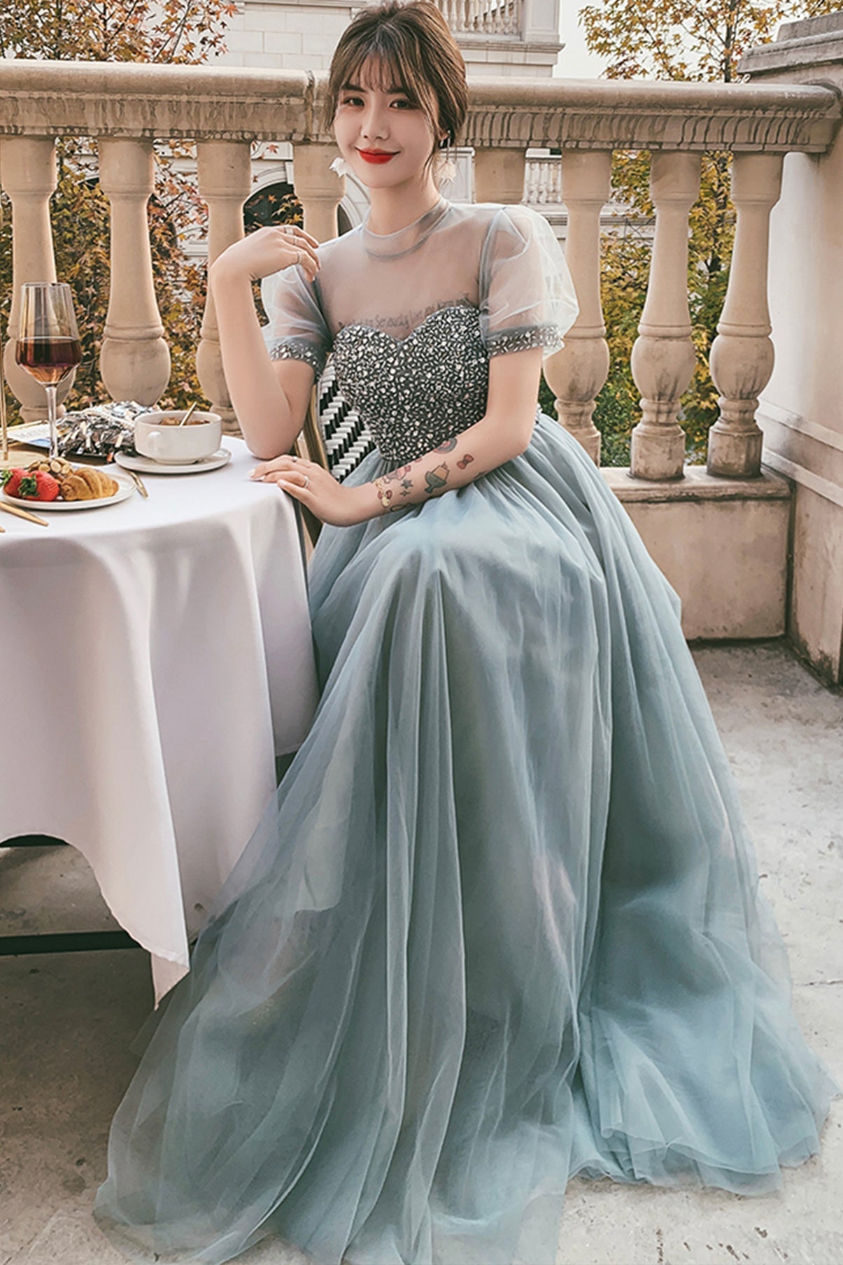 Blue tulle beads long A line prom dress evening dress 8789